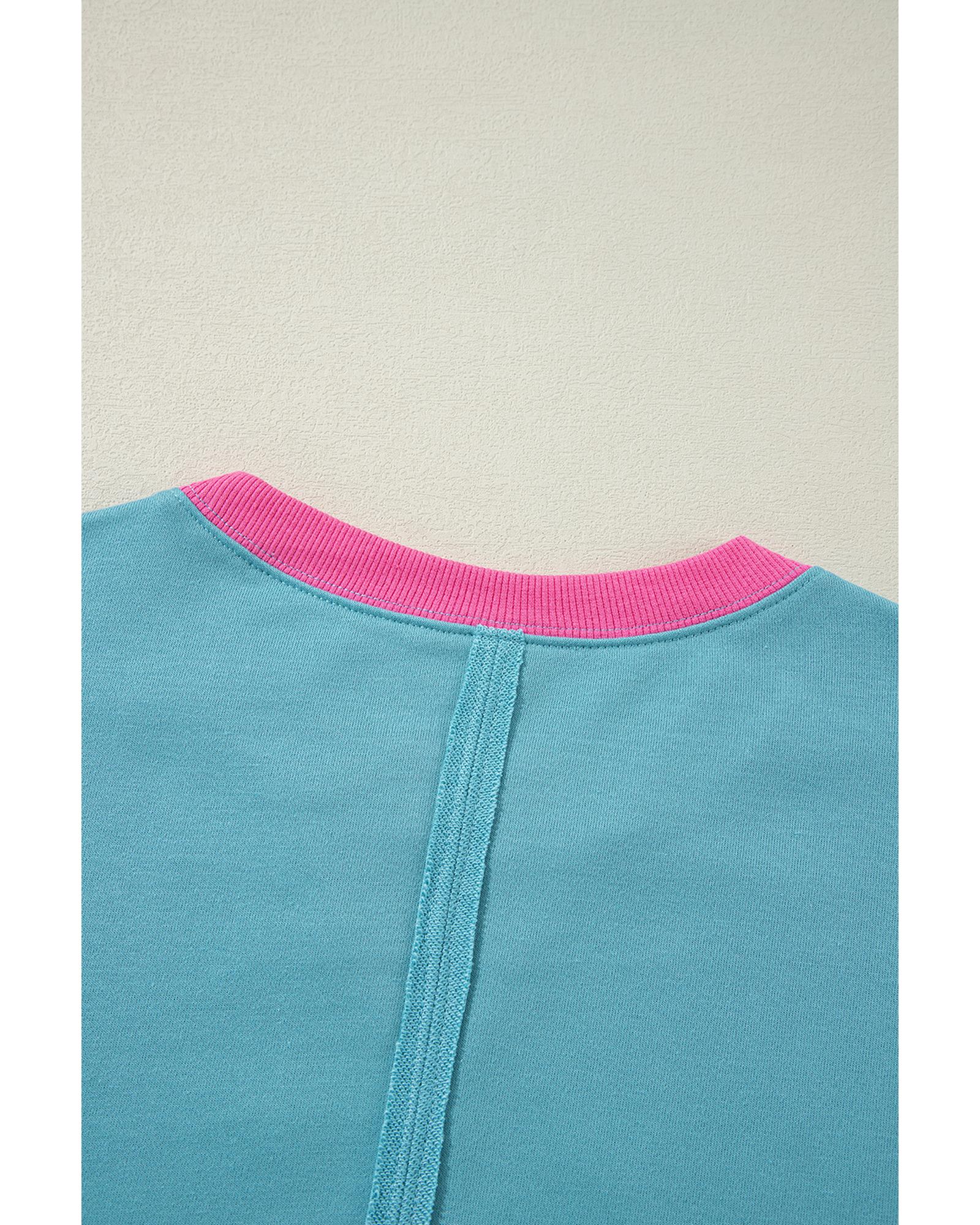 Light Blue Colorblock Patchwork Crew Neck Loose Sweatshirt - Image 3