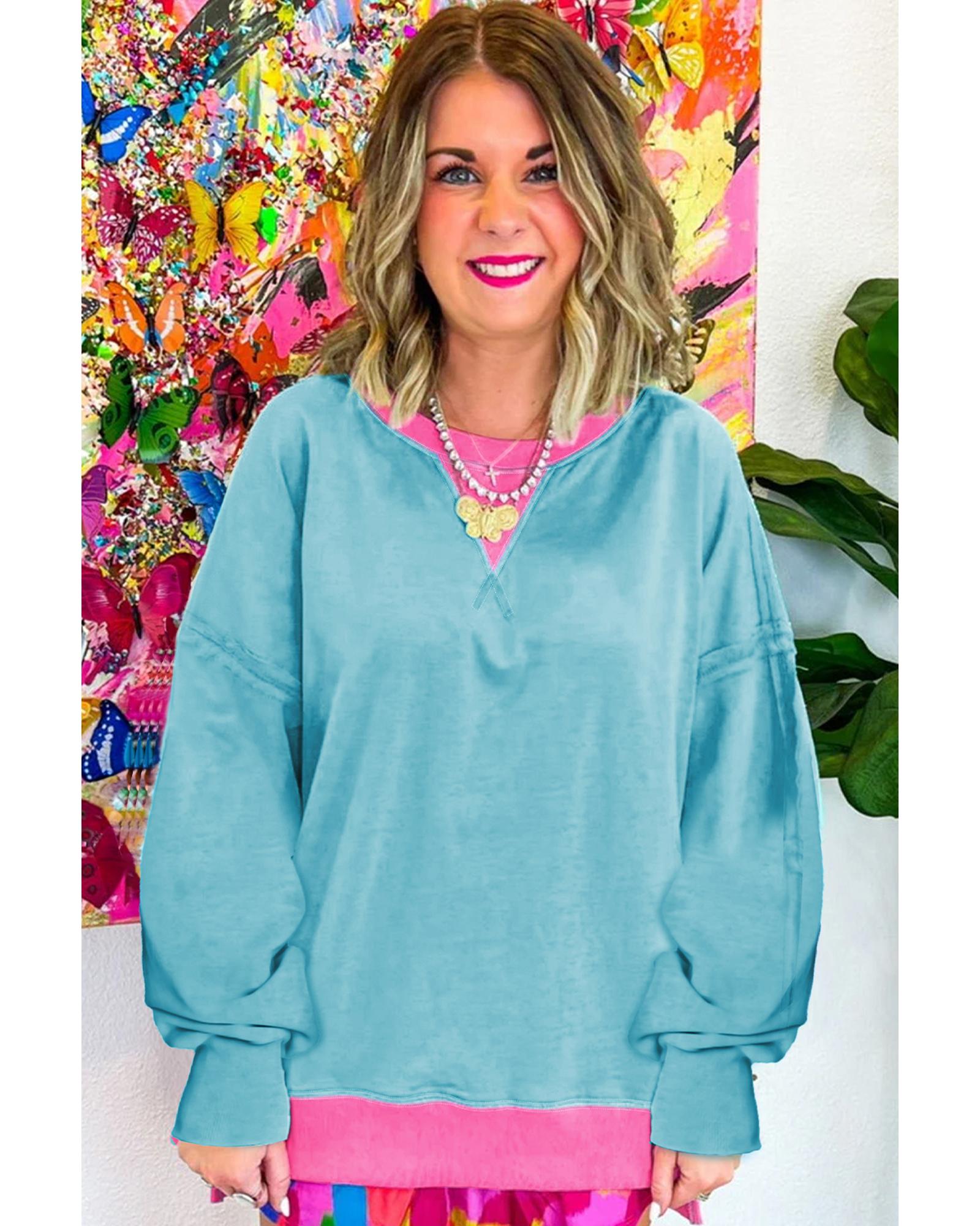 Light Blue Colorblock Patchwork Crew Neck Loose Sweatshirt - Image 5