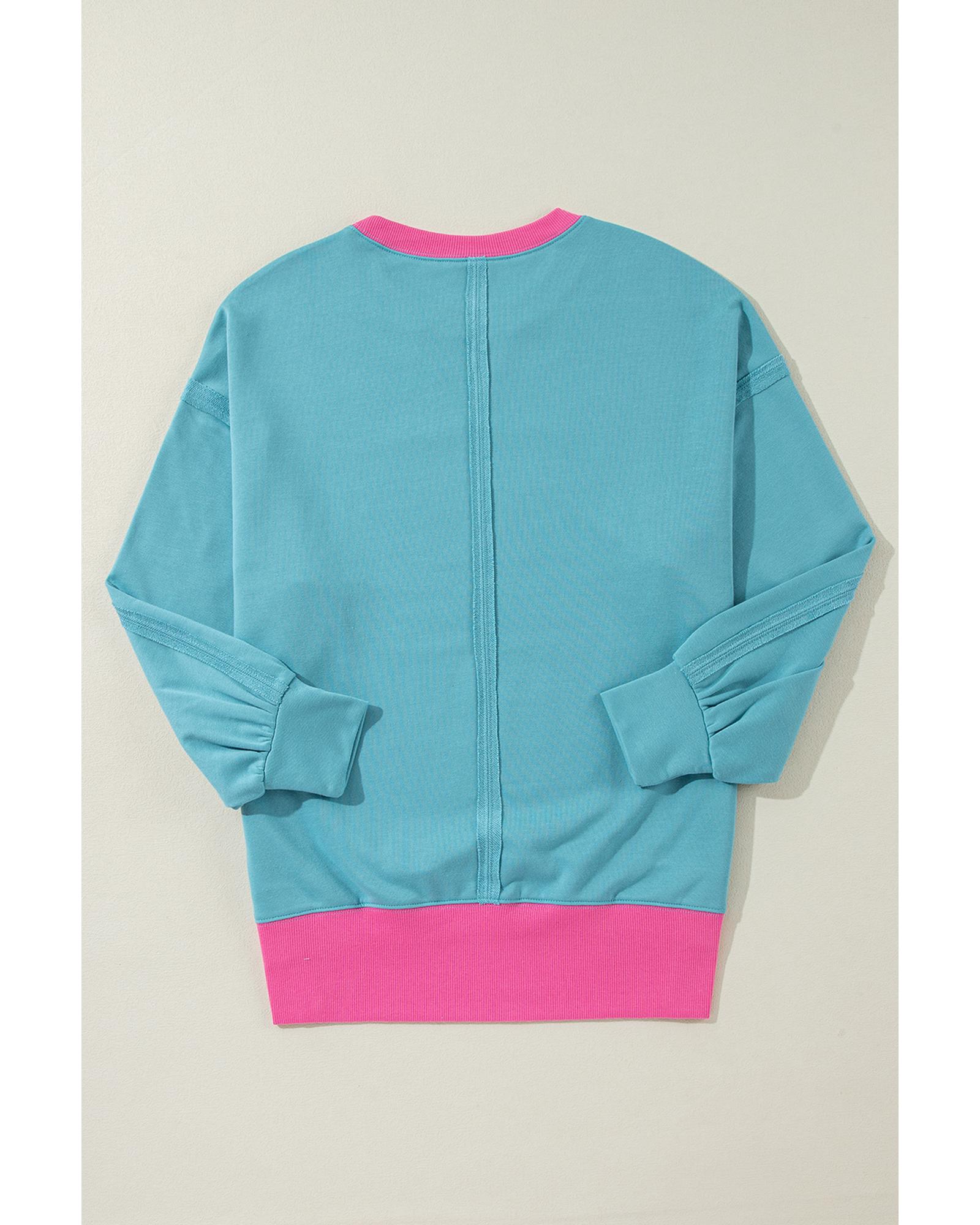 Light Blue Colorblock Patchwork Crew Neck Loose Sweatshirt - Image 7