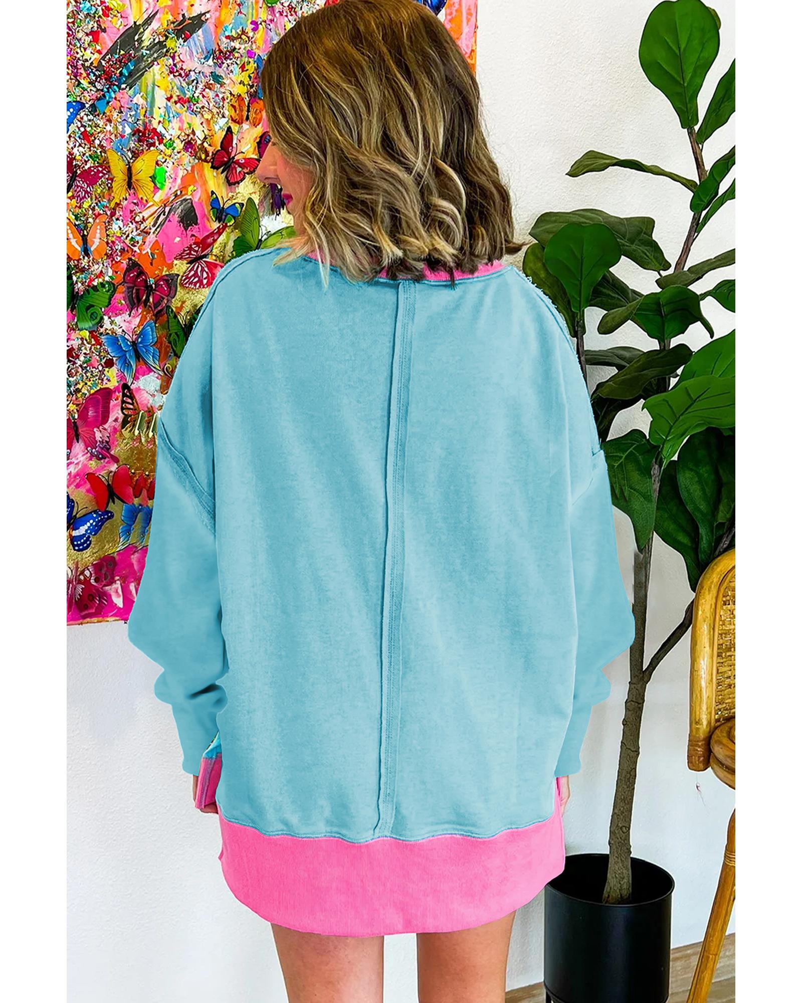 Light Blue Colorblock Patchwork Crew Neck Loose Sweatshirt - Image 8