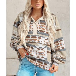 Apricot Aztec Print Collared Flap Pocket Sweatshirt