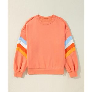 Flamingo Rainbow Striped Sleeve Crew Neck Loose Sweatshirt