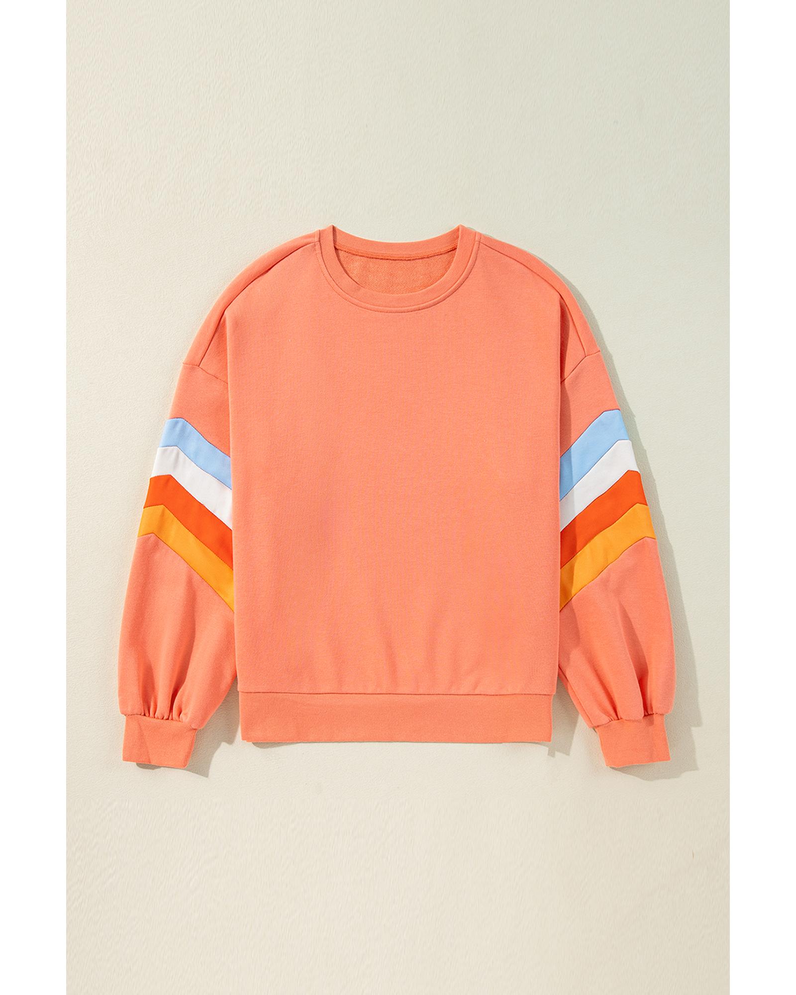 Flamingo Rainbow Striped Sleeve Crew Neck Loose Sweatshirt