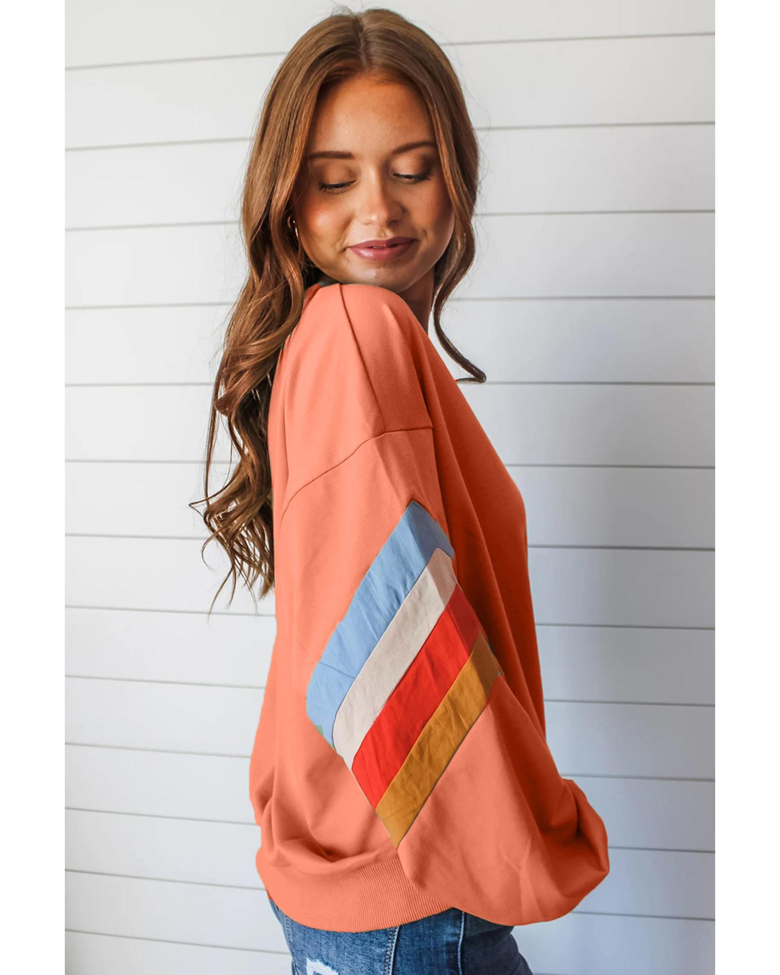 Flamingo Rainbow Striped Sleeve Crew Neck Loose Sweatshirt - Image 3