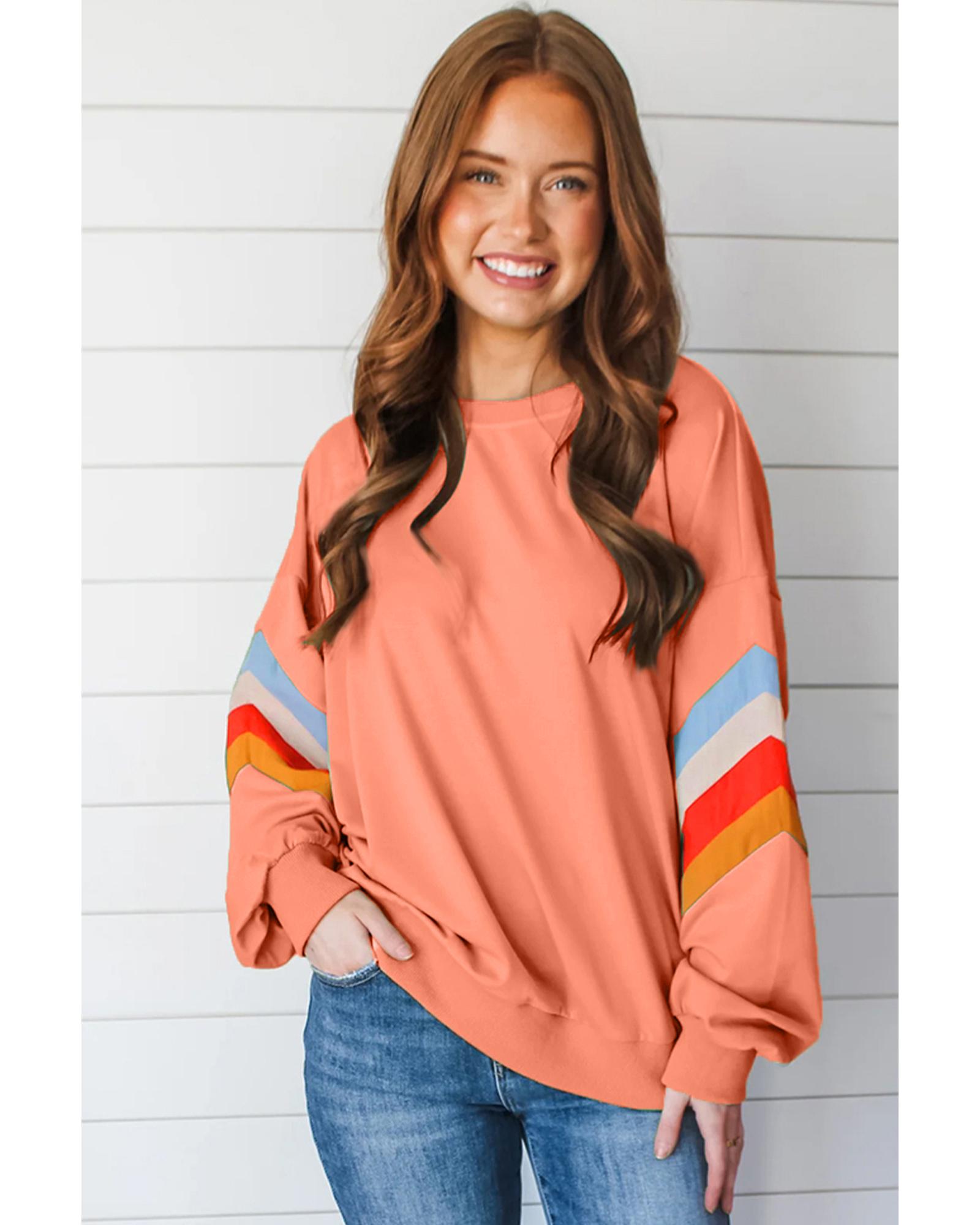 Flamingo Rainbow Striped Sleeve Crew Neck Loose Sweatshirt - Image 6