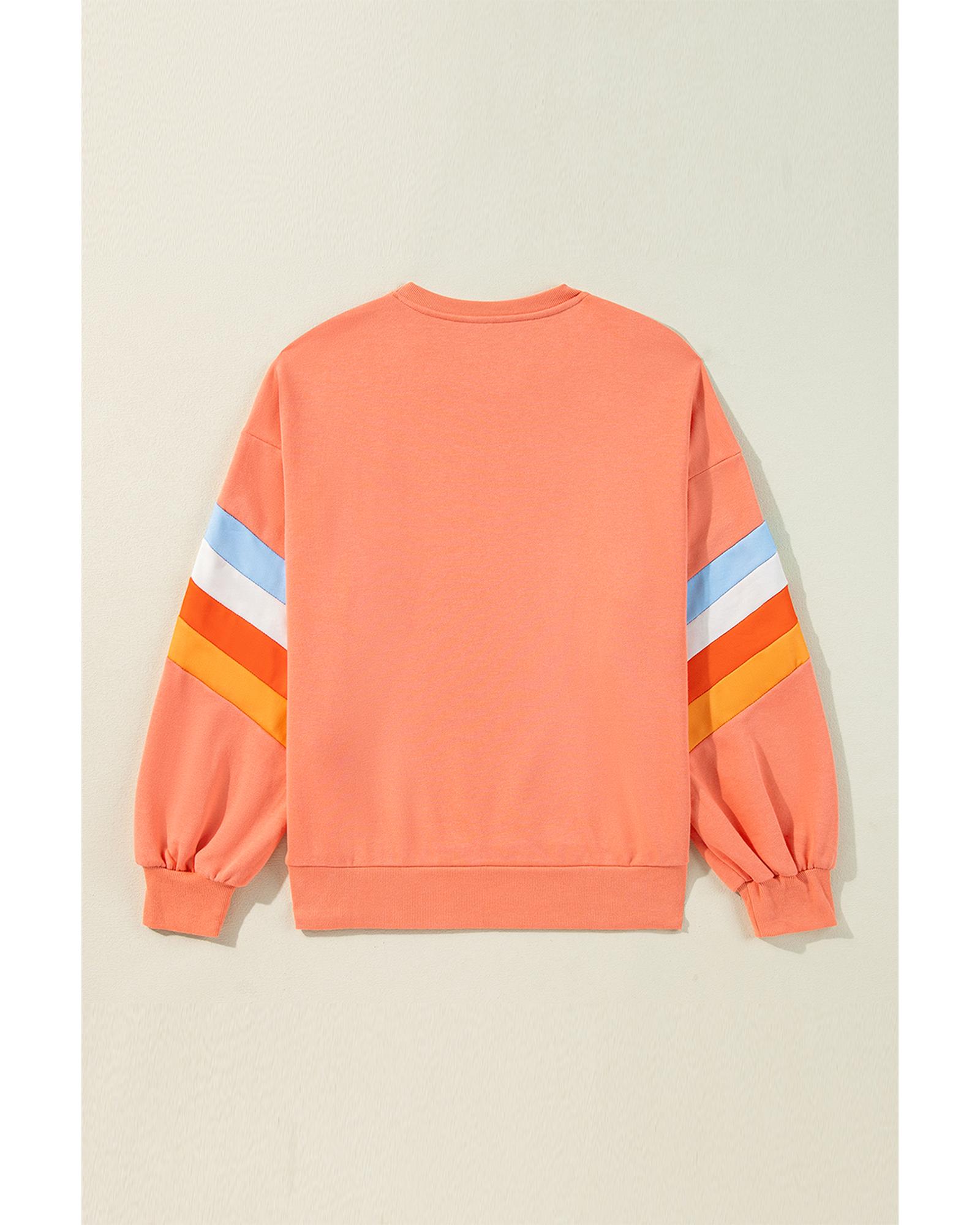 Flamingo Rainbow Striped Sleeve Crew Neck Loose Sweatshirt - Image 7