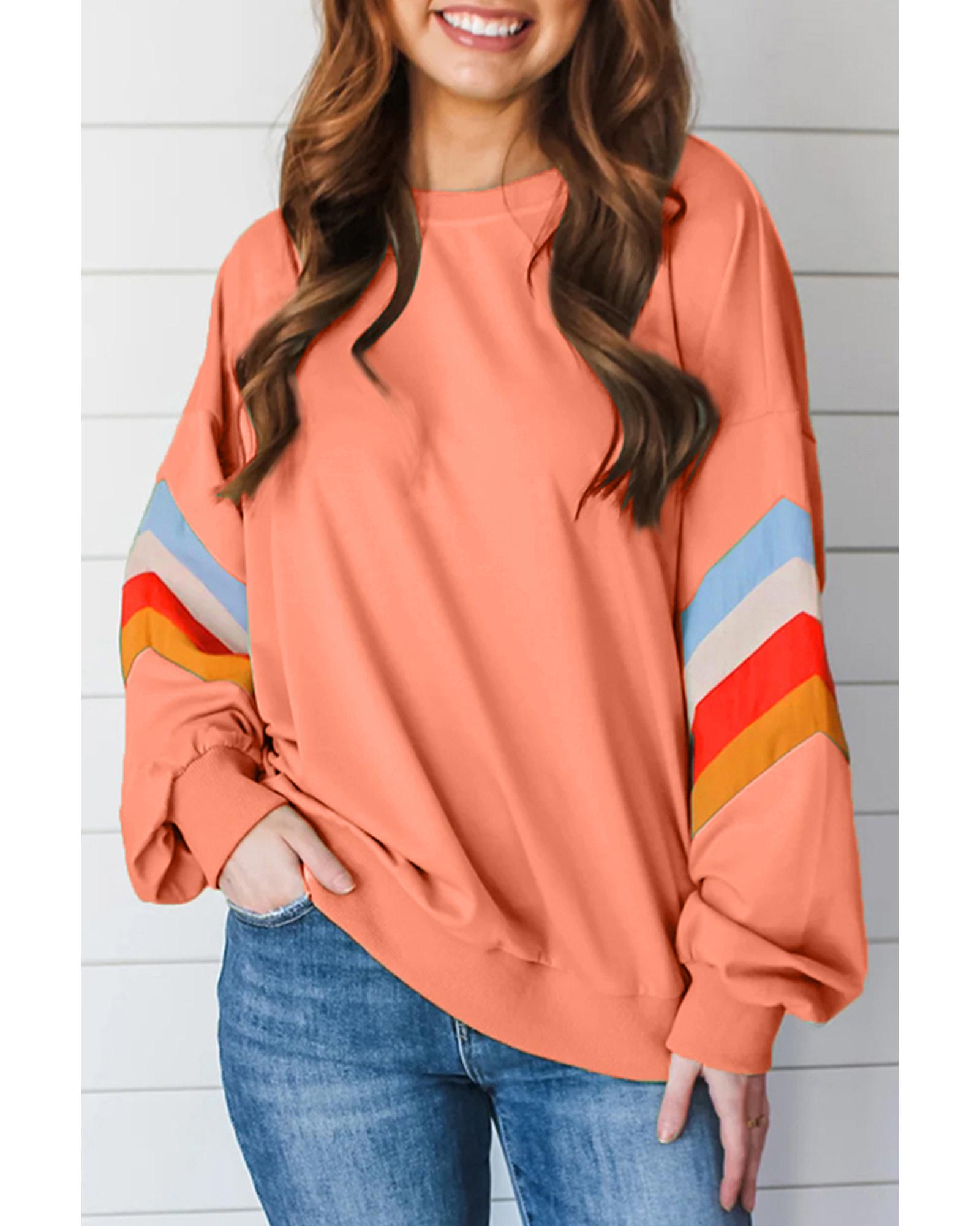 Flamingo Rainbow Striped Sleeve Crew Neck Loose Sweatshirt - Image 8