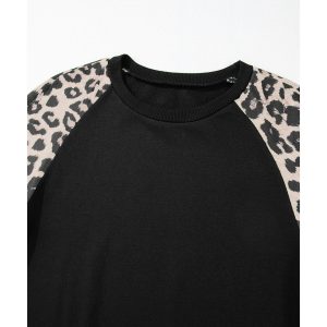 Black Leopard Print Colorblock Raglan Sleeve Sweatshirt