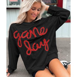 Black Tinsel Game Day Drop Shoulder Graphic Sweatshirt