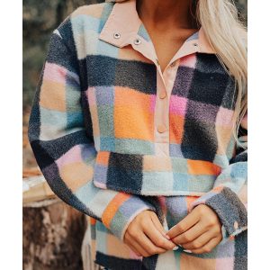 Black Plaid Print Pocketed Half Button Collared Sweatshirt