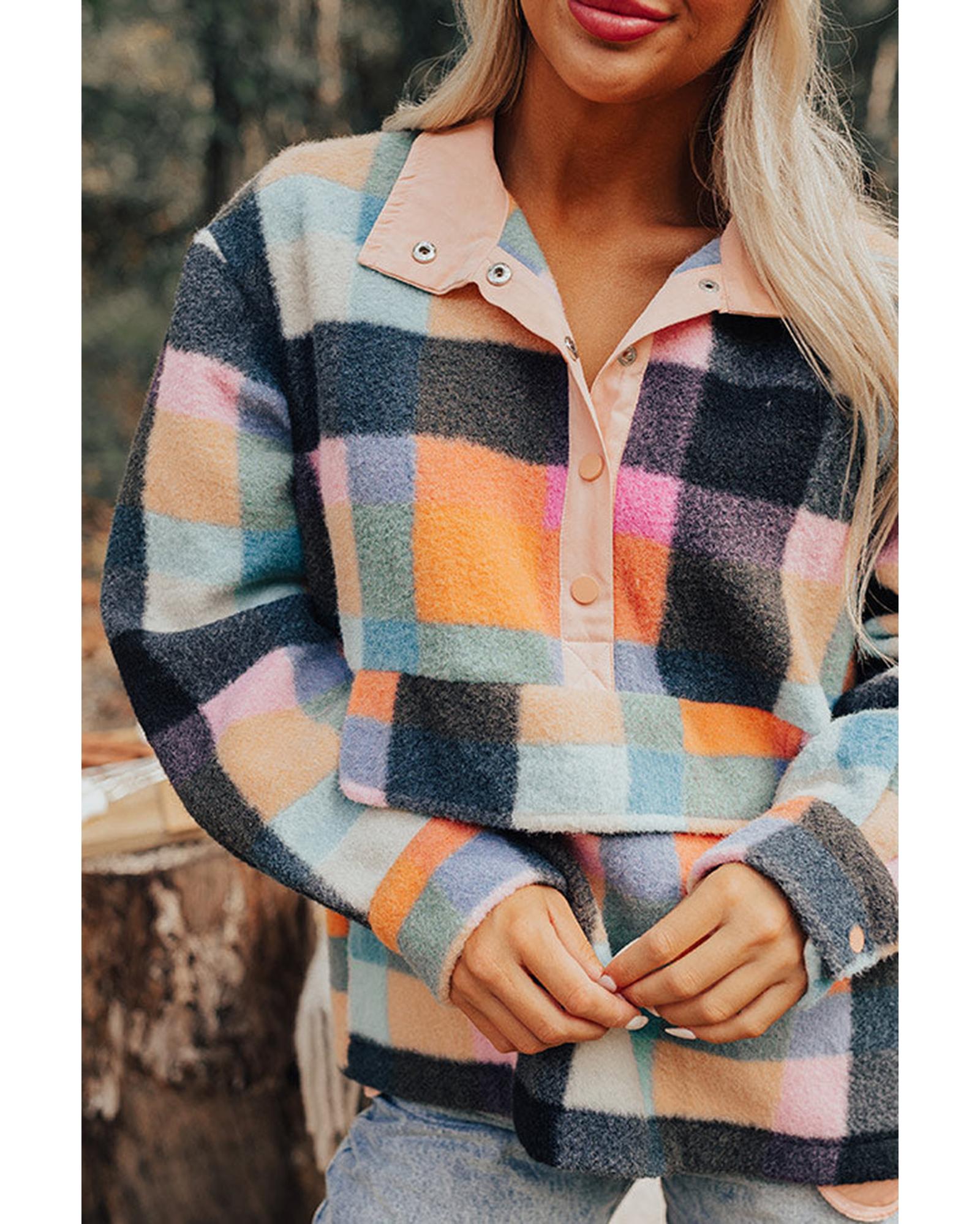 Black Plaid Print Pocketed Half Button Collared Sweatshirt