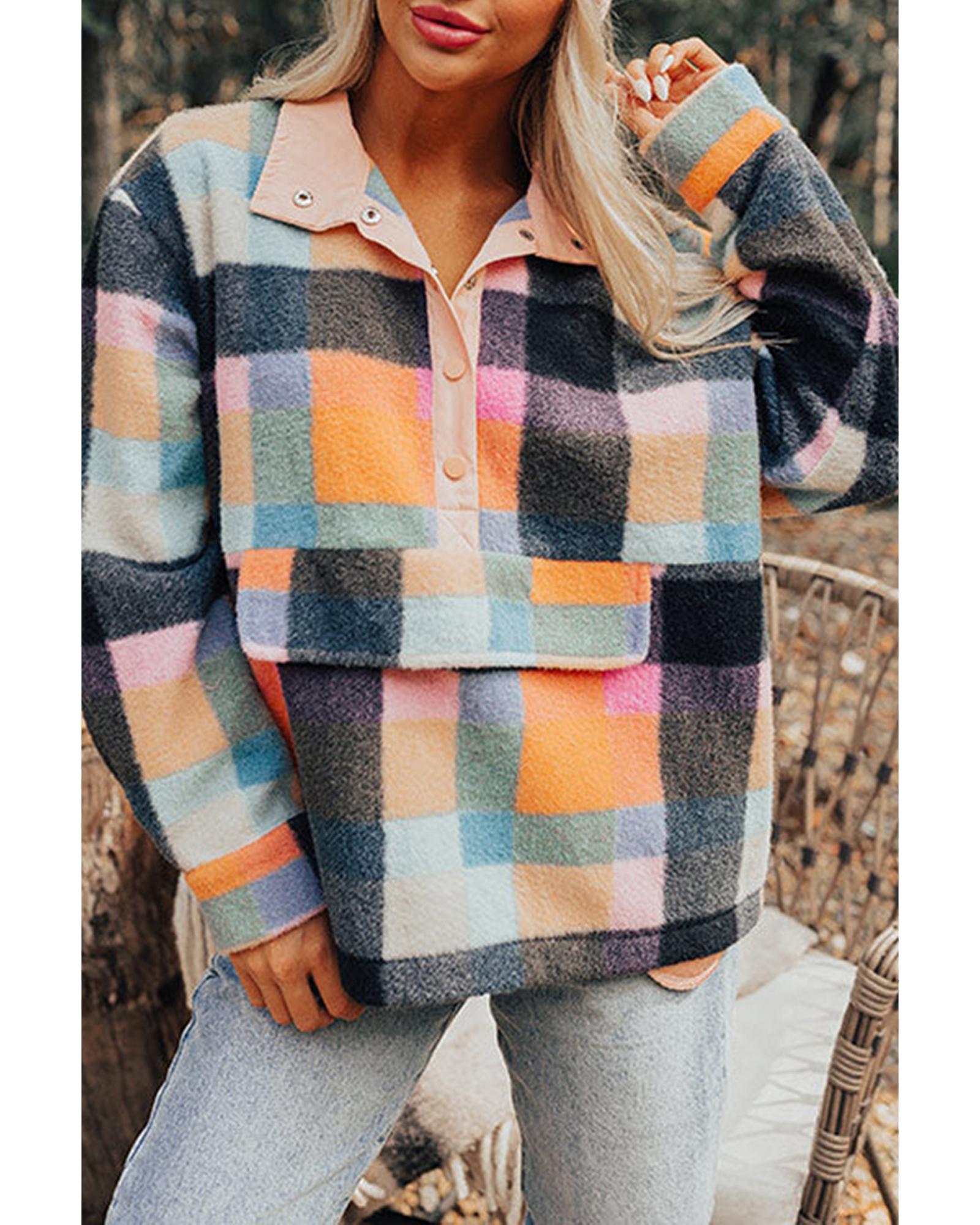 Black Plaid Print Pocketed Half Button Collared Sweatshirt - Image 2