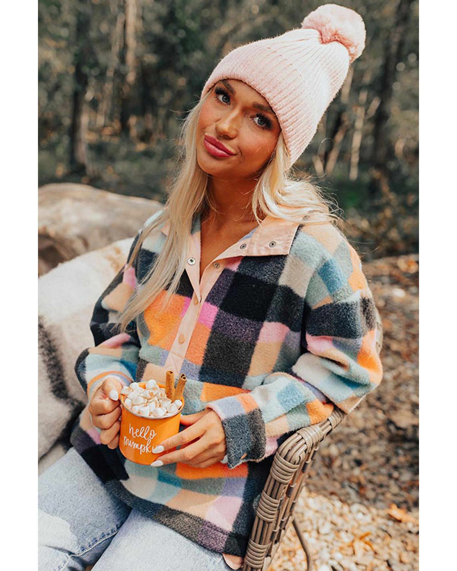 Black Plaid Print Pocketed Half Button Collared Sweatshirt - Image 3