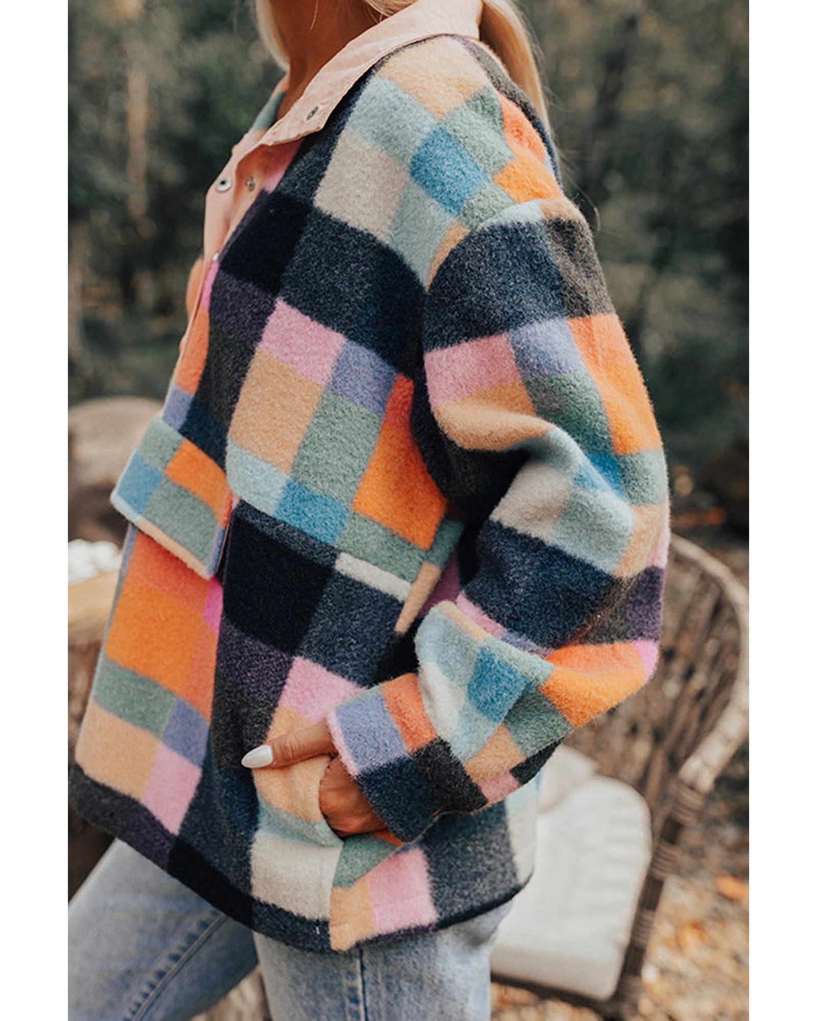 Black Plaid Print Pocketed Half Button Collared Sweatshirt - Image 4