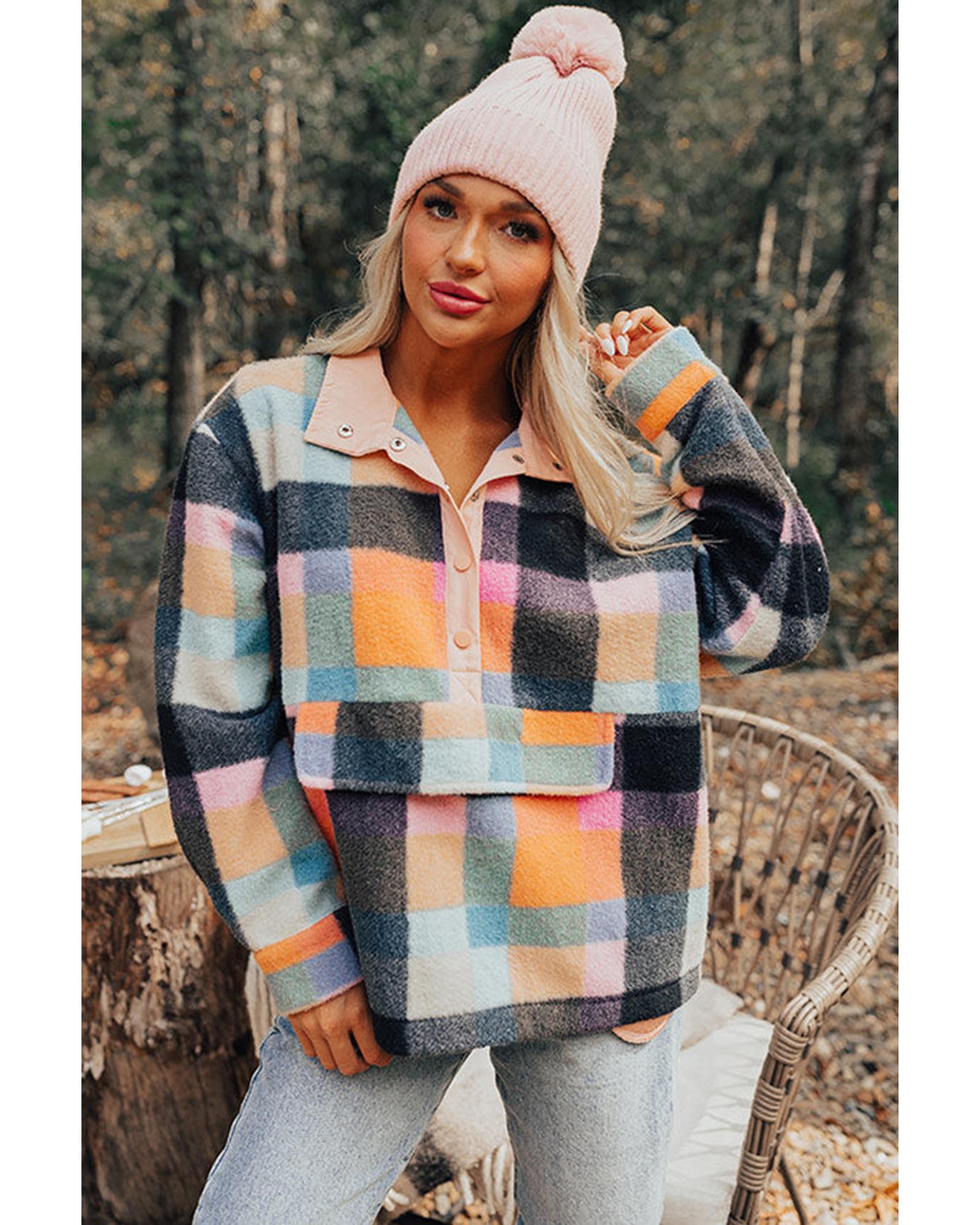 Black Plaid Print Pocketed Half Button Collared Sweatshirt - Image 5