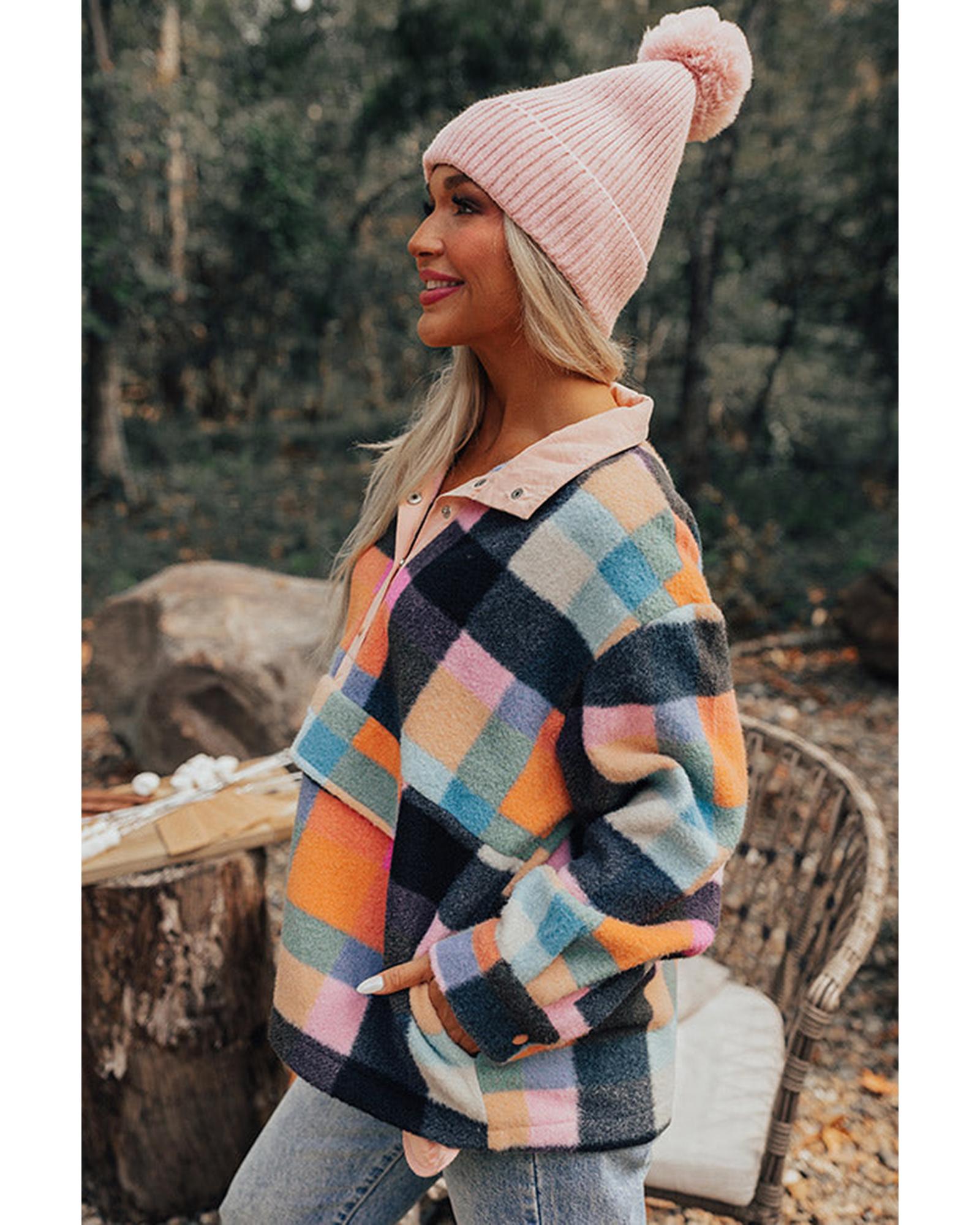 Black Plaid Print Pocketed Half Button Collared Sweatshirt - Image 6