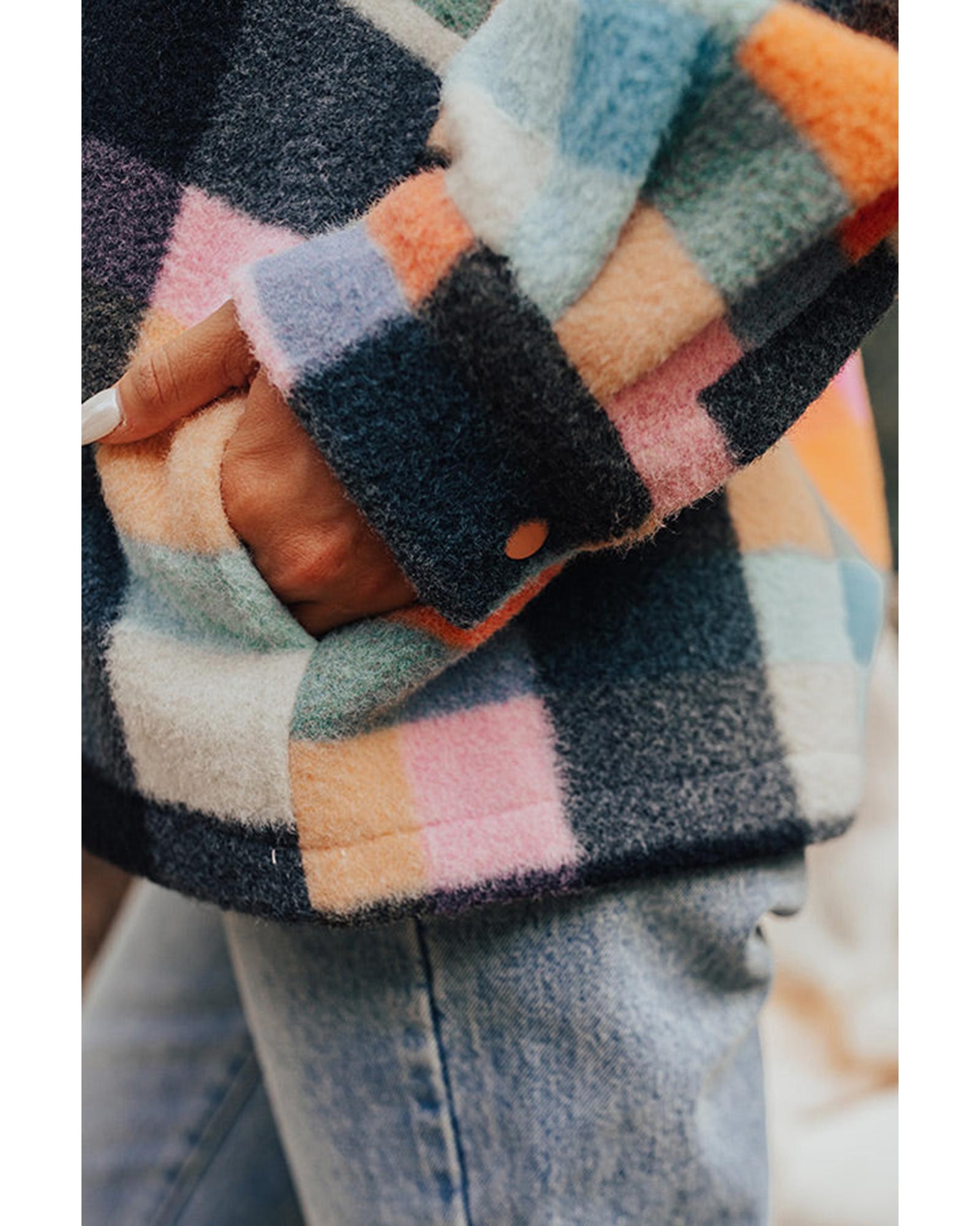 Black Plaid Print Pocketed Half Button Collared Sweatshirt - Image 7