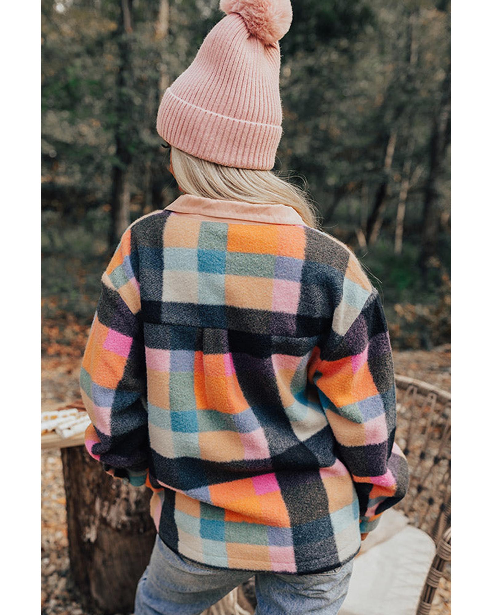 Black Plaid Print Pocketed Half Button Collared Sweatshirt - Image 8