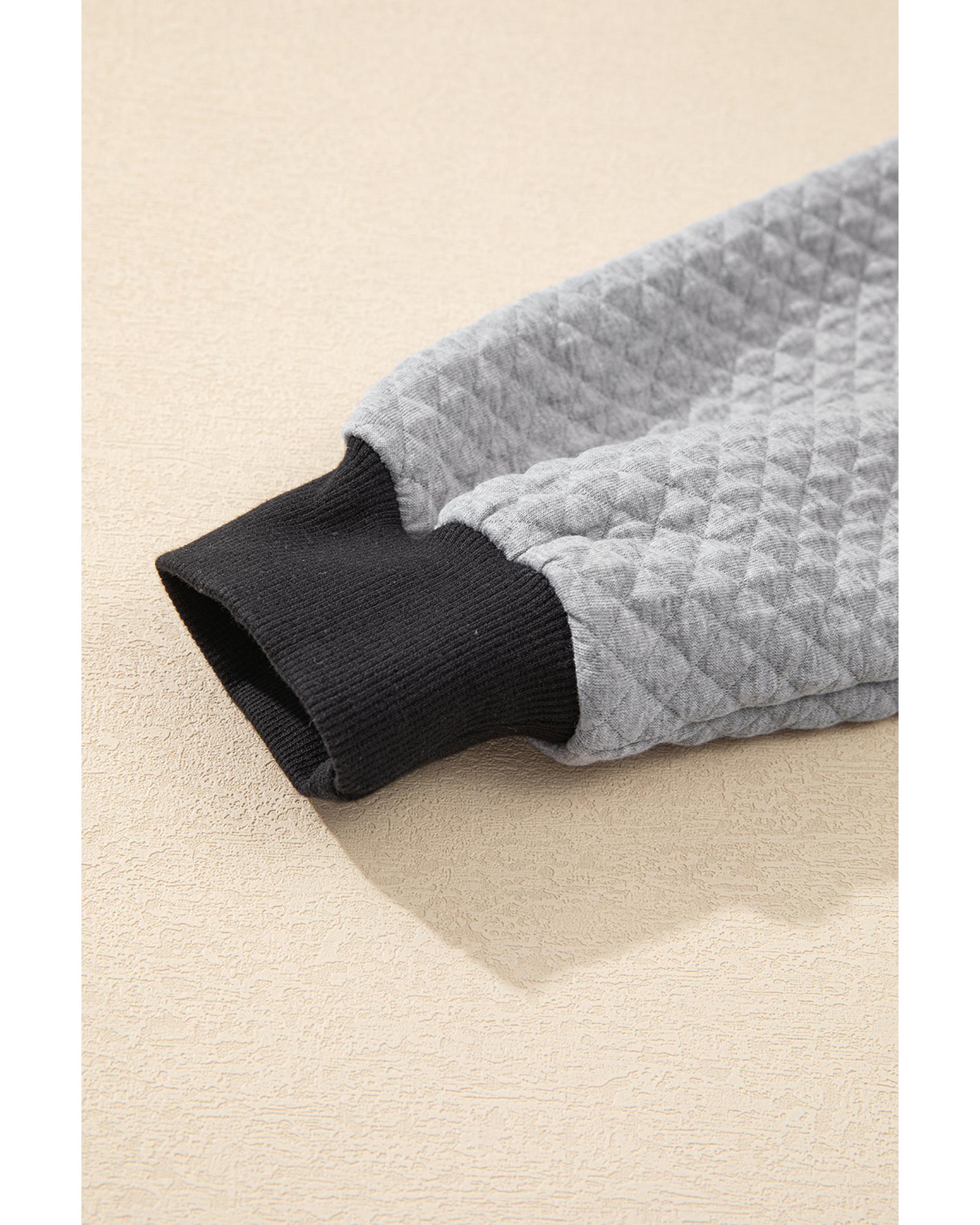 Light Grey Textured Colorblock Edge Buttoned Collar Sweatshirt