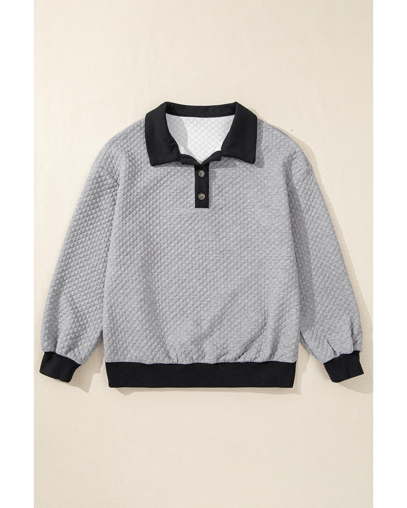 Light Grey Textured Colorblock Edge Buttoned Collar Sweatshirt - Image 3