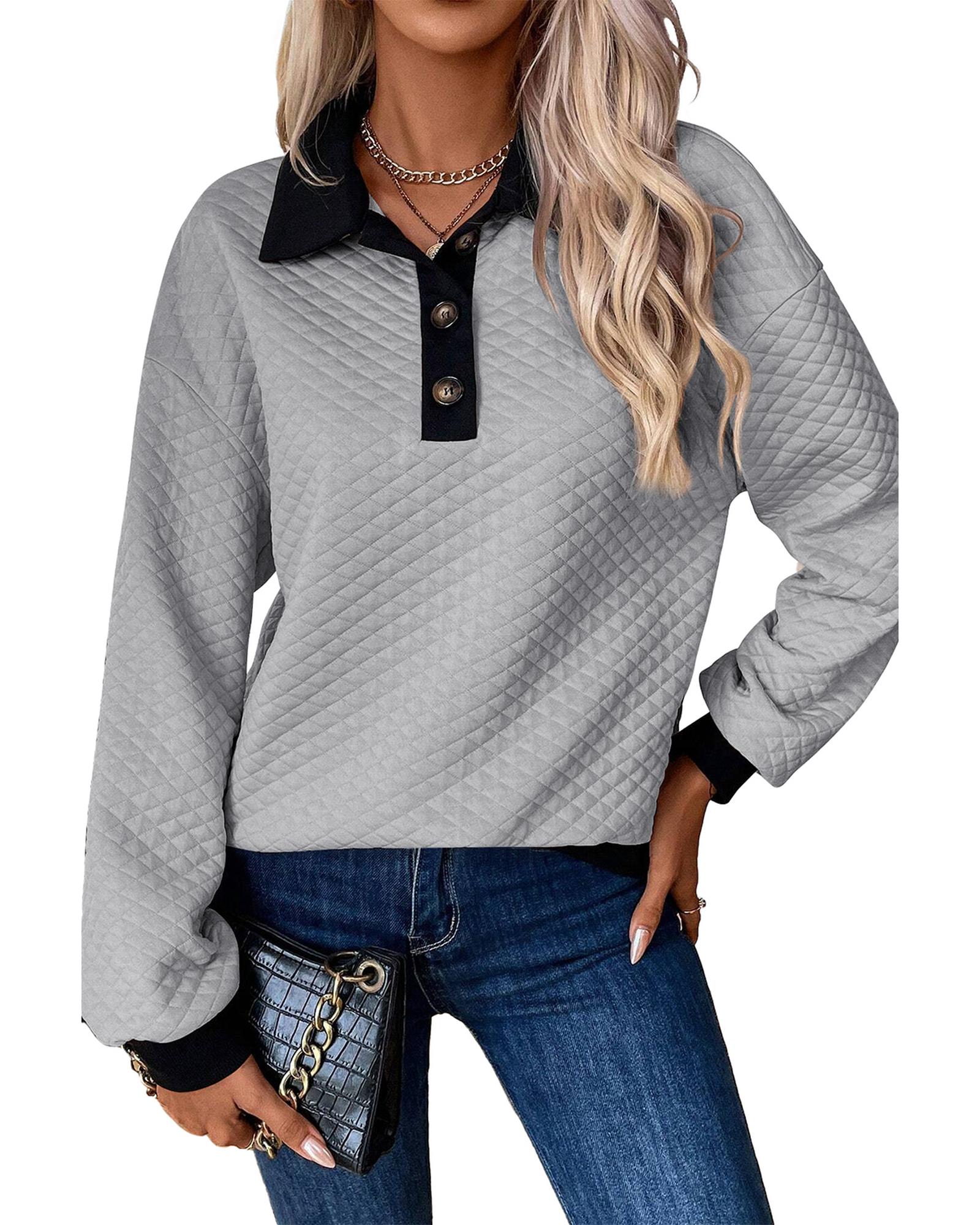 Light Grey Textured Colorblock Edge Buttoned Collar Sweatshirt - Image 4