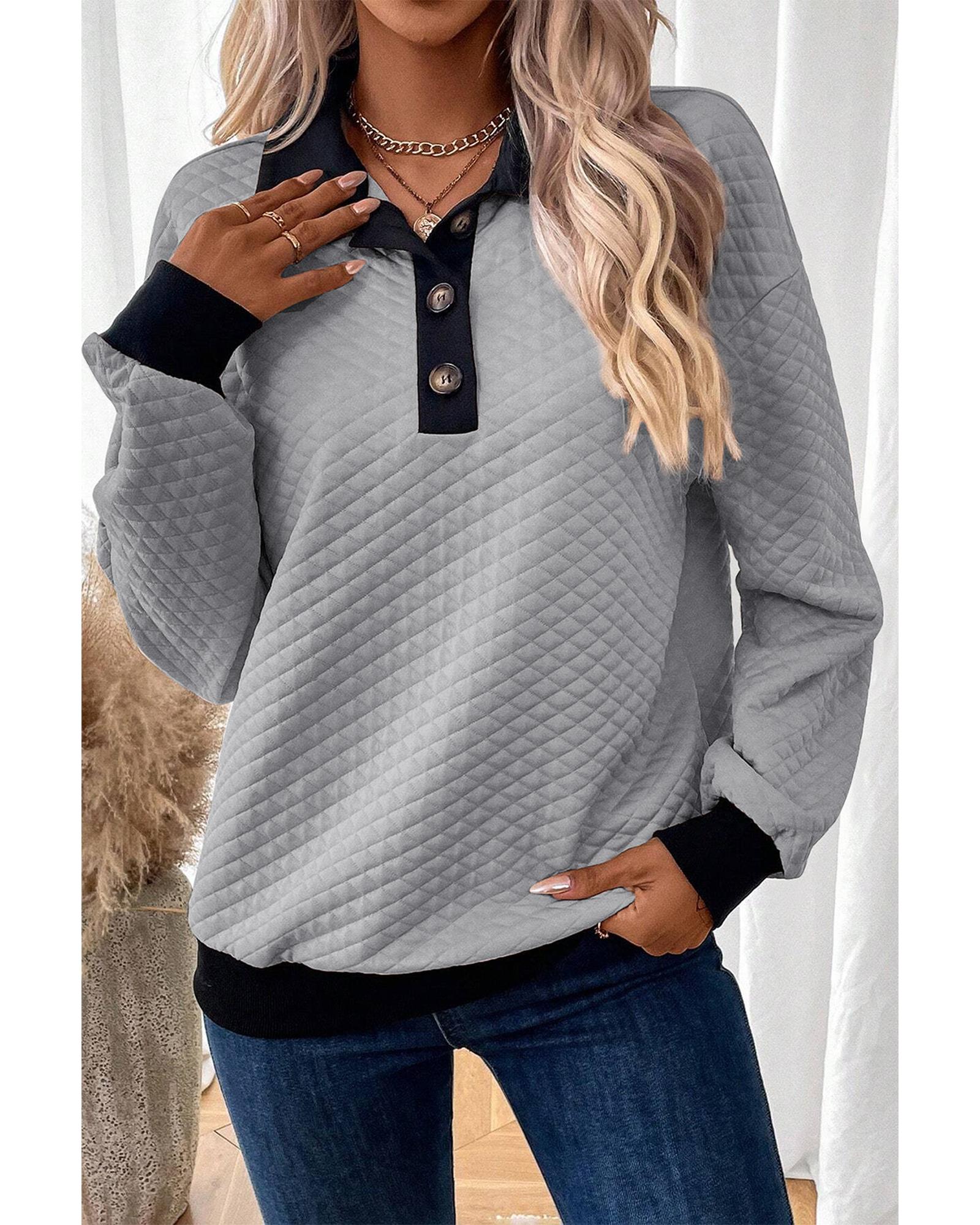 Light Grey Textured Colorblock Edge Buttoned Collar Sweatshirt - Image 5