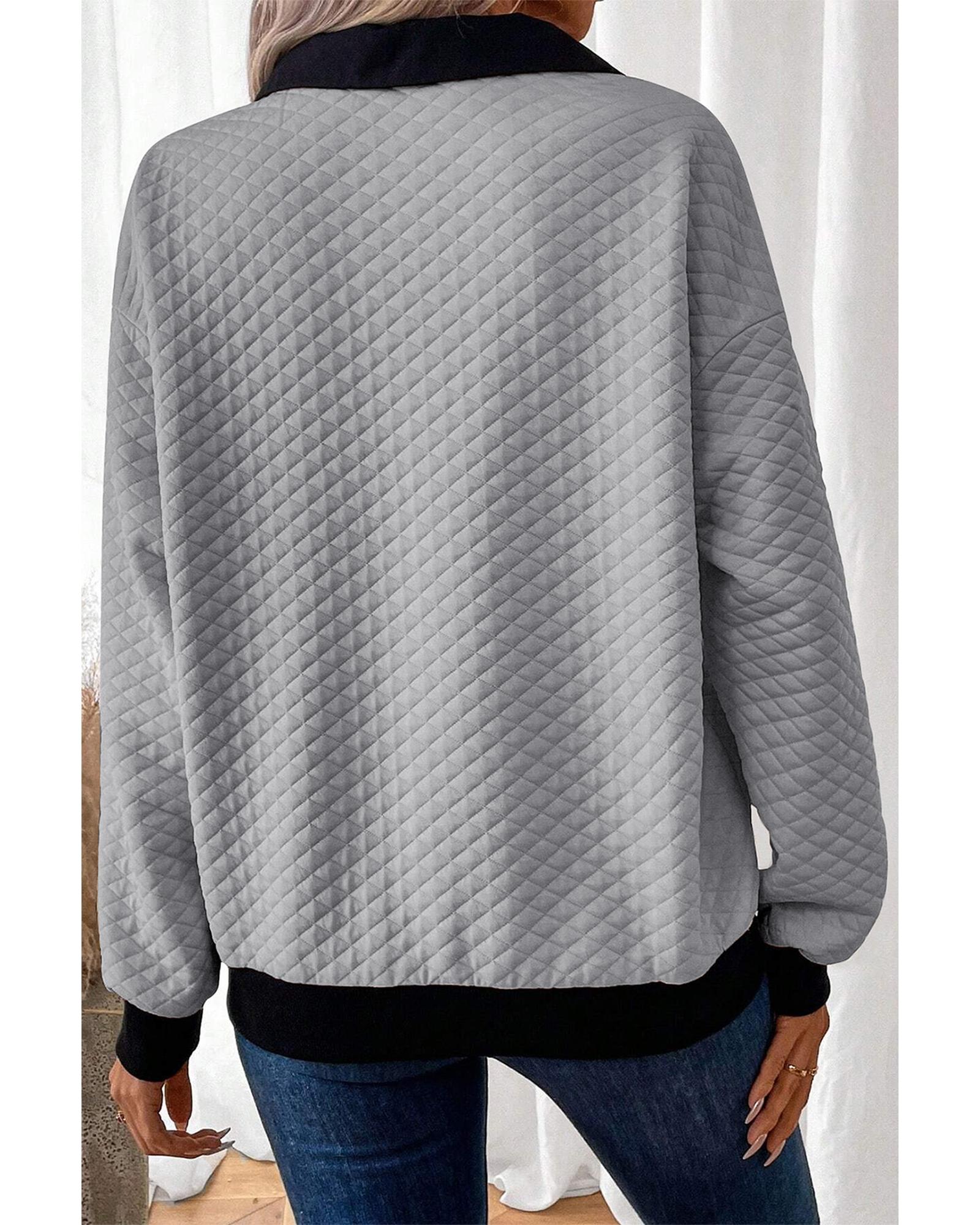 Light Grey Textured Colorblock Edge Buttoned Collar Sweatshirt - Image 6