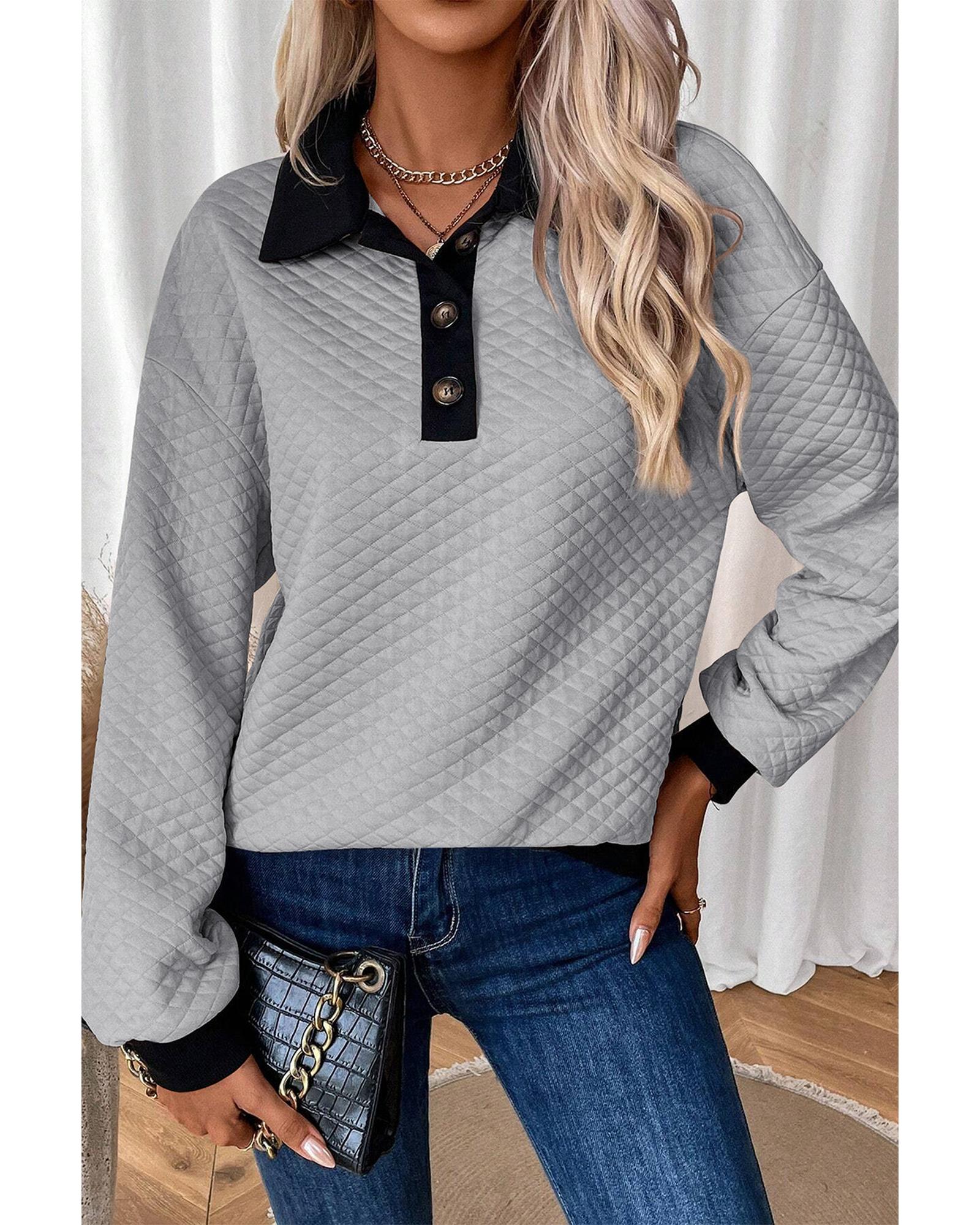 Light Grey Textured Colorblock Edge Buttoned Collar Sweatshirt - Image 8