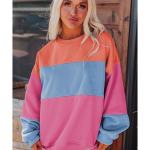 Bright Pink Colorblock Patchwork Drop Shoulder Sweatshirt