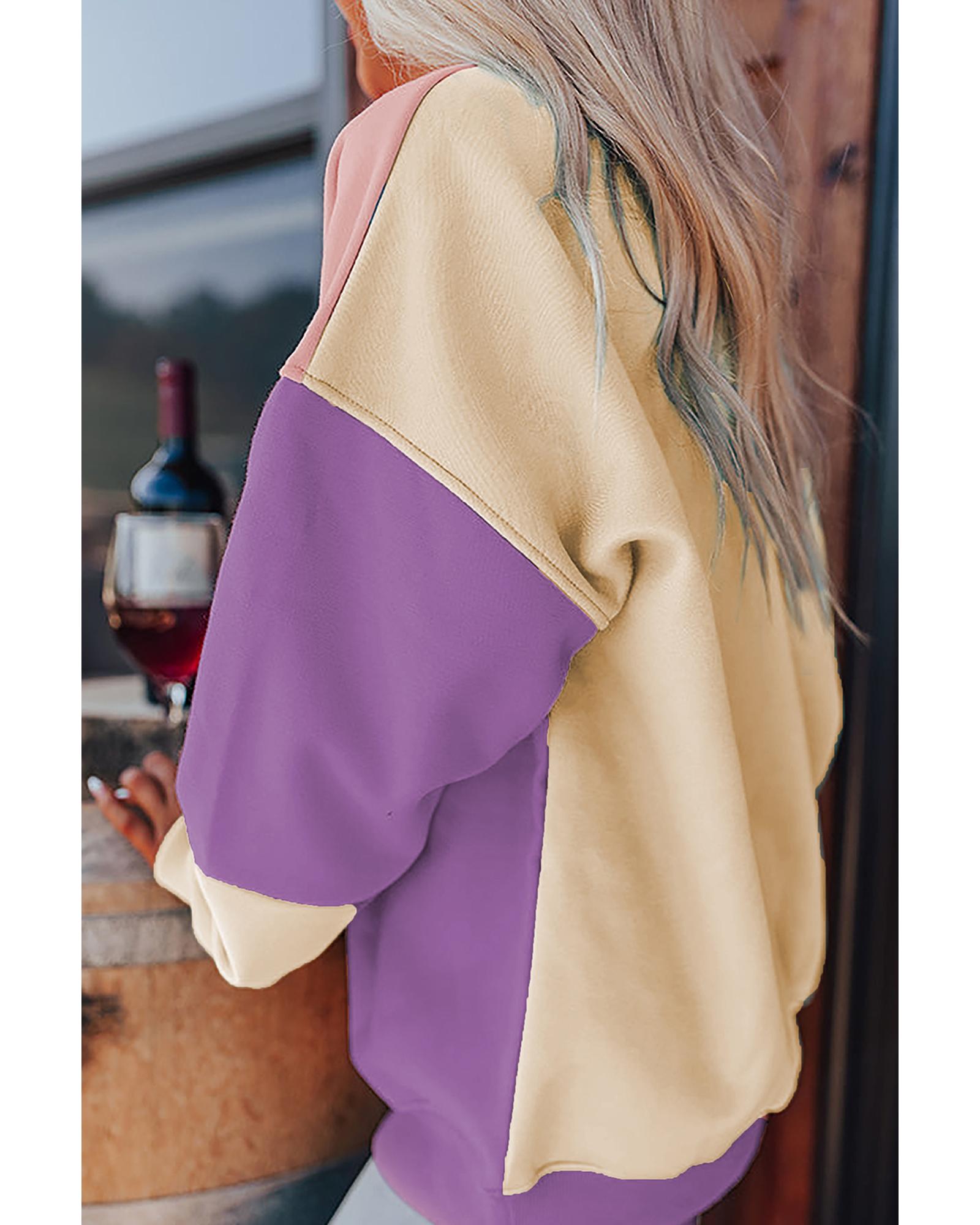 Meadow Mauve Colorblock Patchwork Drop Shoulder Sweatshirt - Image 3