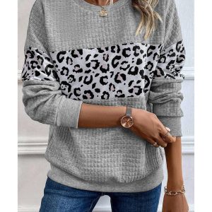 Gray Leopard Quilted Patchwork Crew Neck Sweatshirt