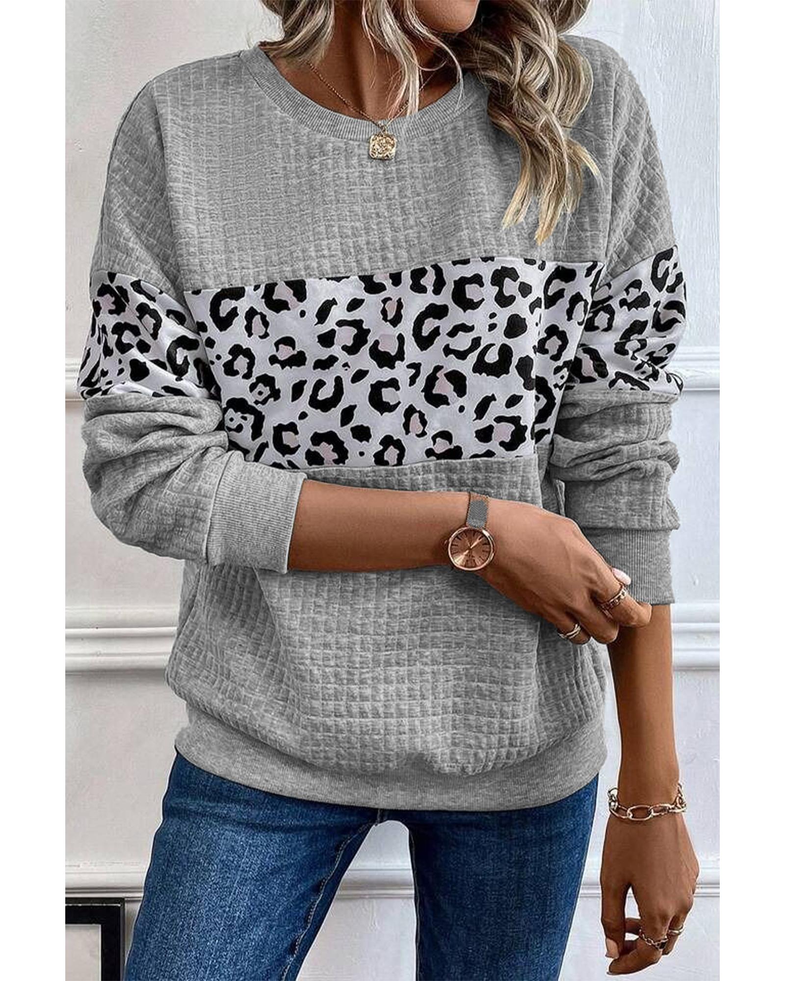 Gray Leopard Quilted Patchwork Crew Neck Sweatshirt