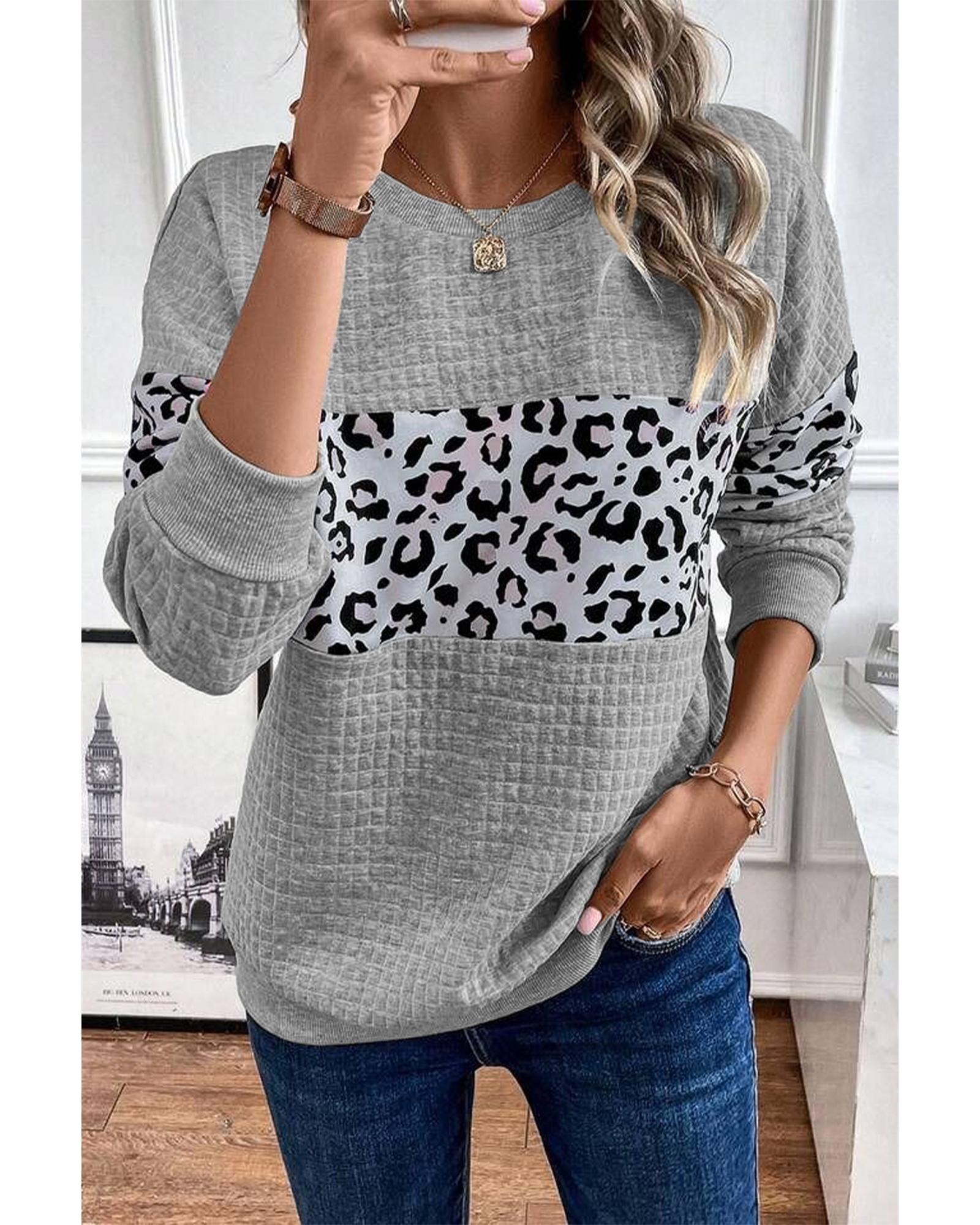 Gray Leopard Quilted Patchwork Crew Neck Sweatshirt - Image 2