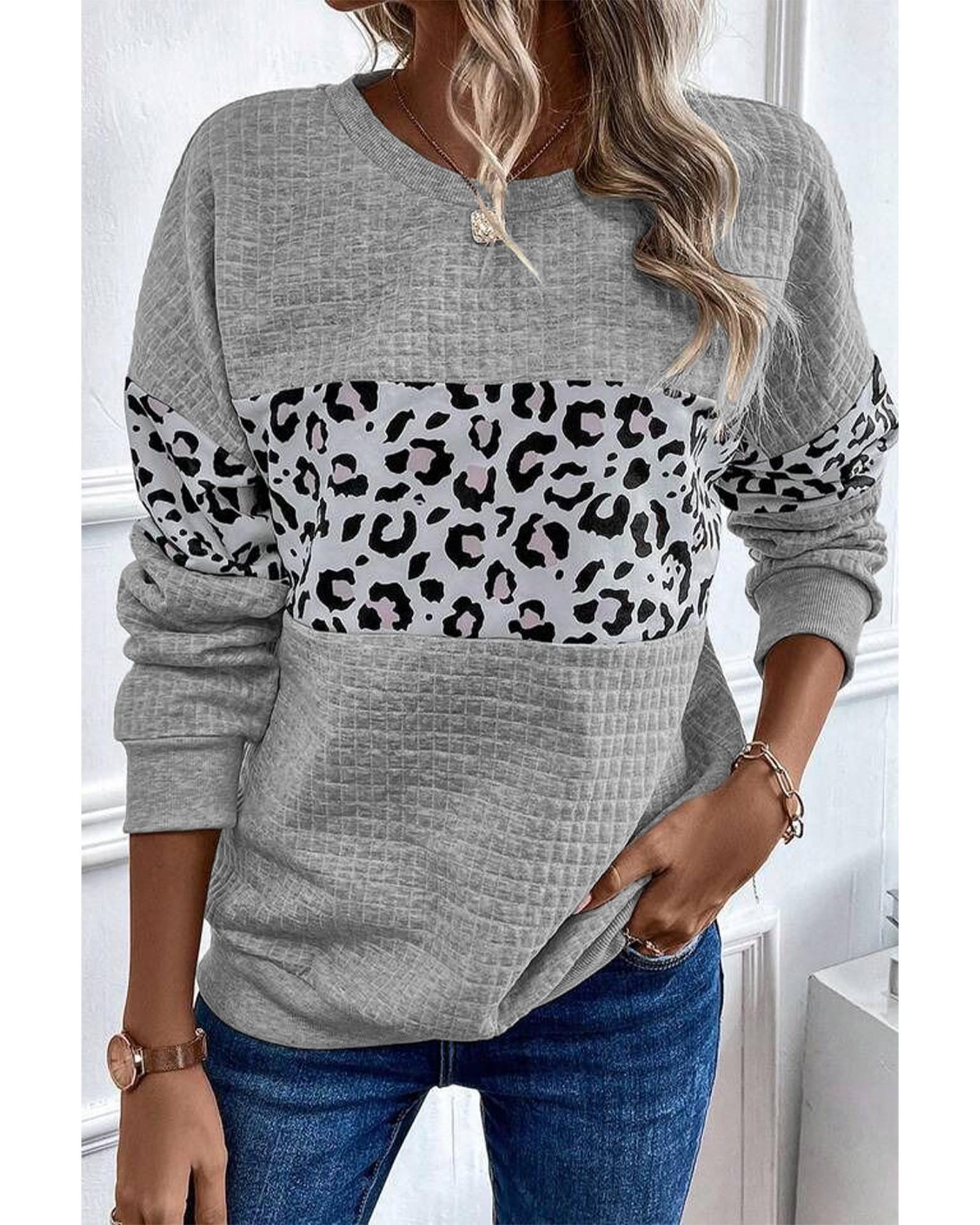 Gray Leopard Quilted Patchwork Crew Neck Sweatshirt - Image 3