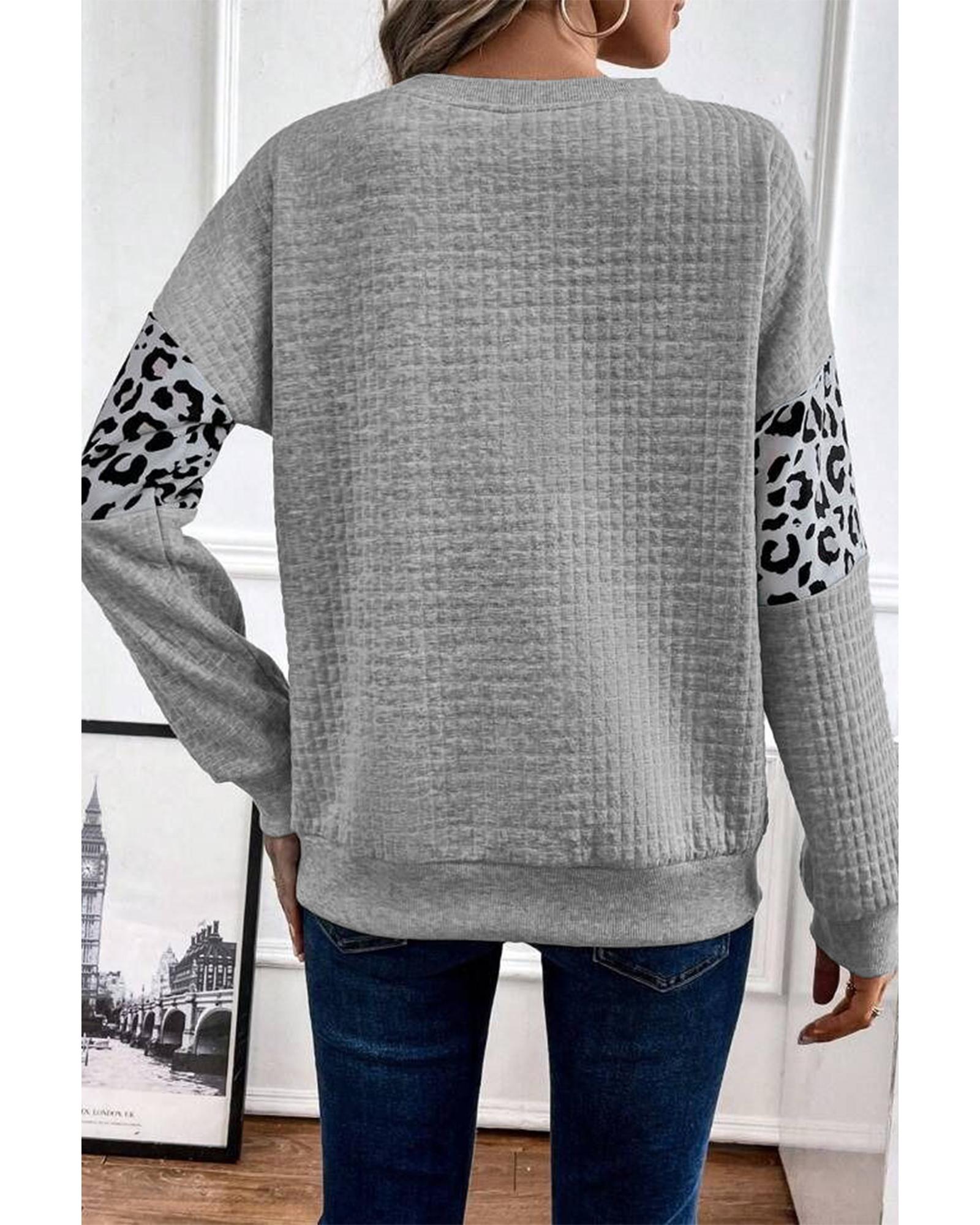 Gray Leopard Quilted Patchwork Crew Neck Sweatshirt - Image 4