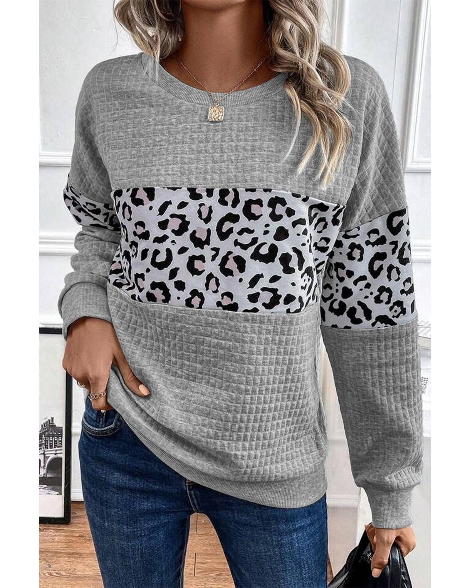 Gray Leopard Quilted Patchwork Crew Neck Sweatshirt - Image 5