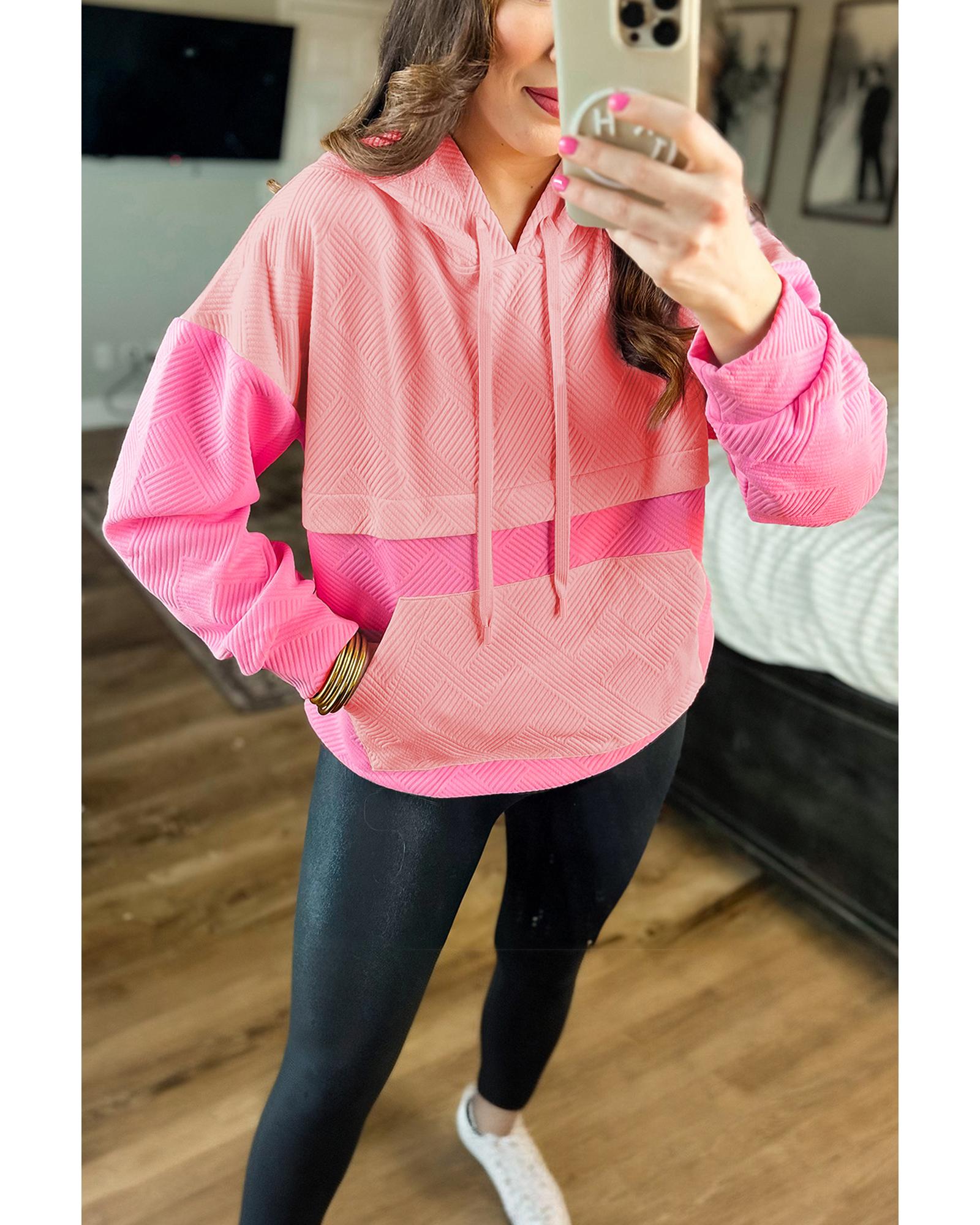 Pink Textured Color Block Kangaroo Pocket Drop Shoulder Hoodie