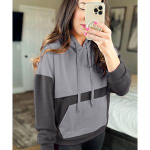 Gray Textured Color Block Kangaroo Pocket Drop Shoulder Hoodie