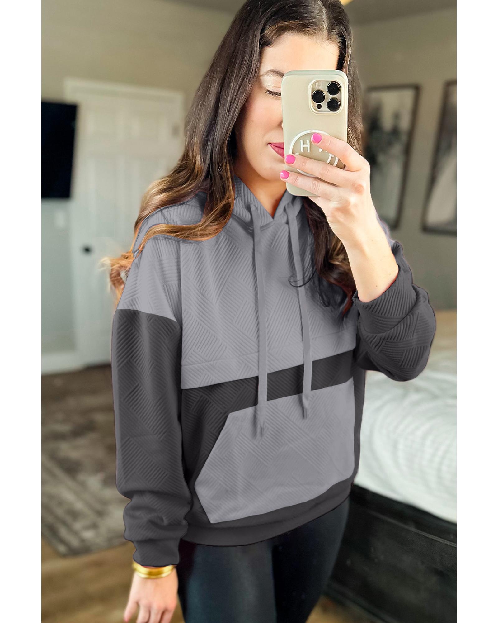 Gray Textured Color Block Kangaroo Pocket Drop Shoulder Hoodie