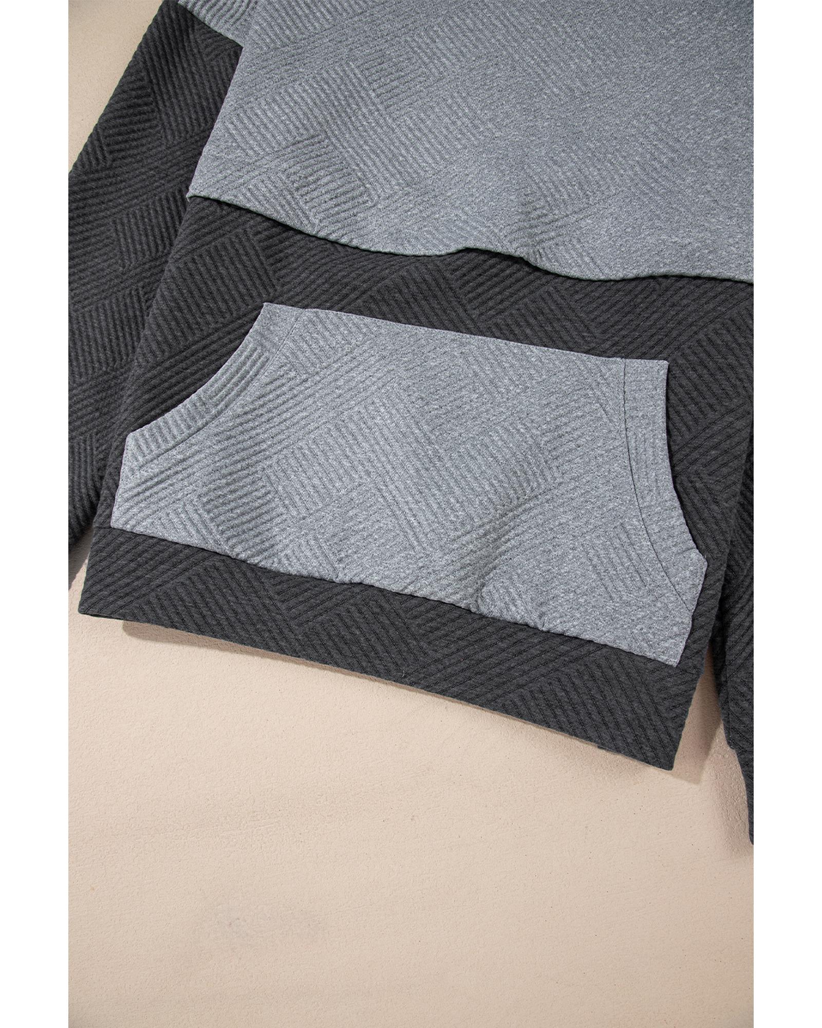 Gray Textured Color Block Kangaroo Pocket Drop Shoulder Hoodie - Image 2