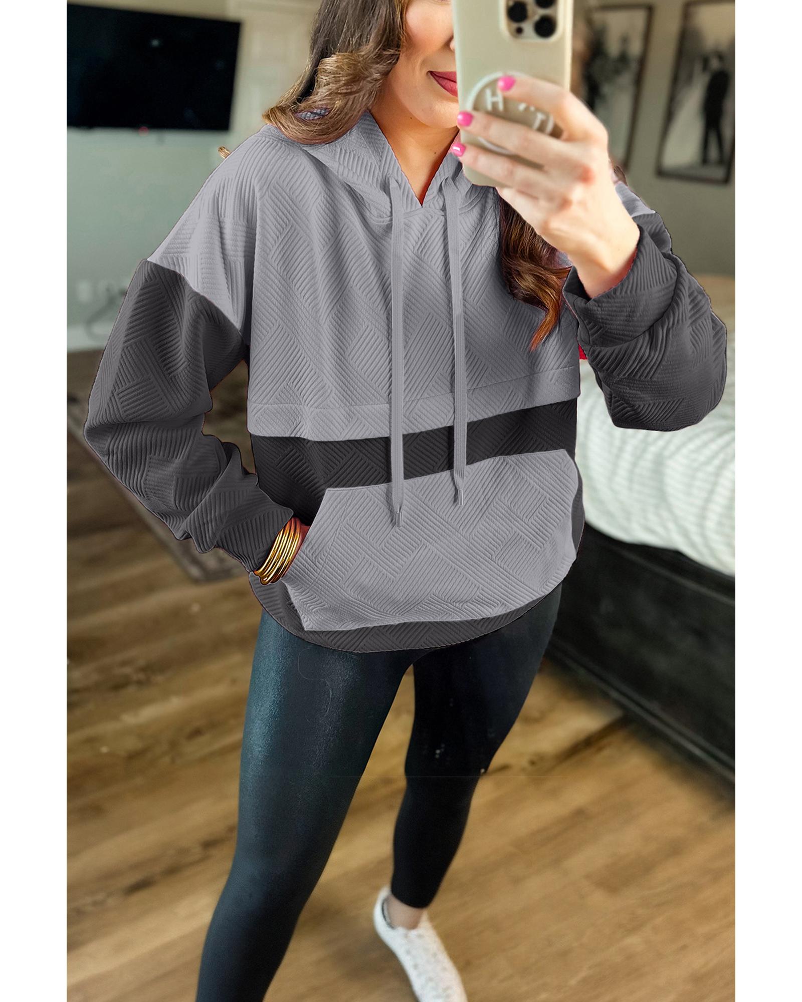 Gray Textured Color Block Kangaroo Pocket Drop Shoulder Hoodie - Image 3