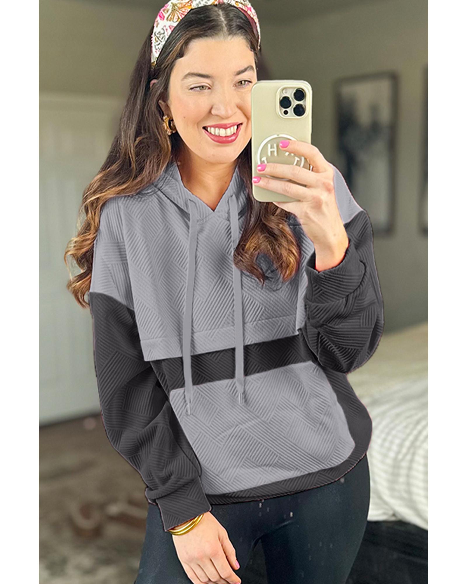 Gray Textured Color Block Kangaroo Pocket Drop Shoulder Hoodie - Image 4