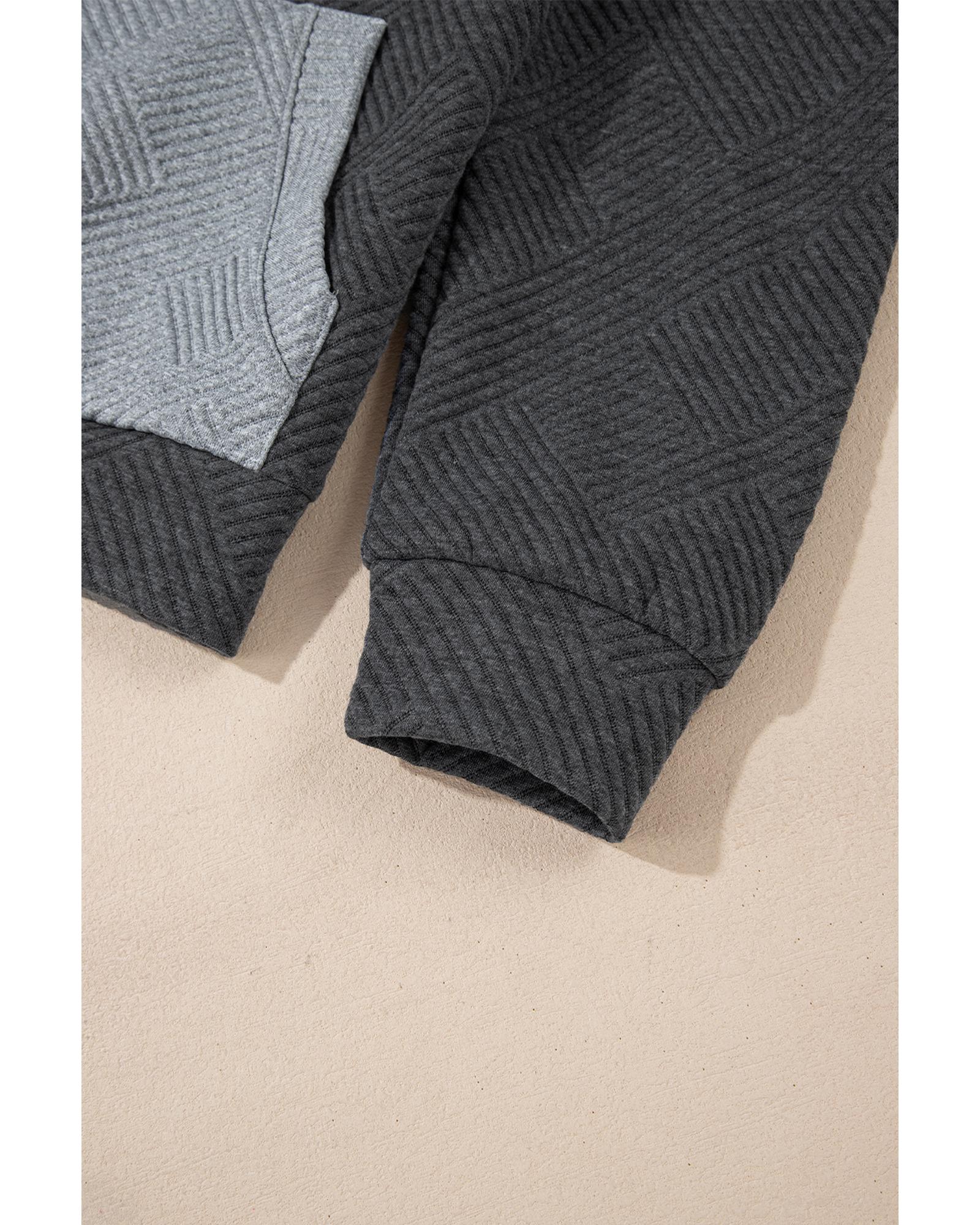 Gray Textured Color Block Kangaroo Pocket Drop Shoulder Hoodie - Image 5