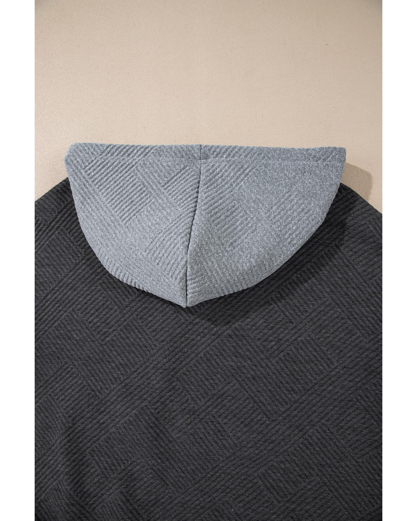 Gray Textured Color Block Kangaroo Pocket Drop Shoulder Hoodie - Image 8