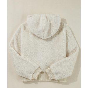 White Contrast Ribbed Edge Plush Hoodie