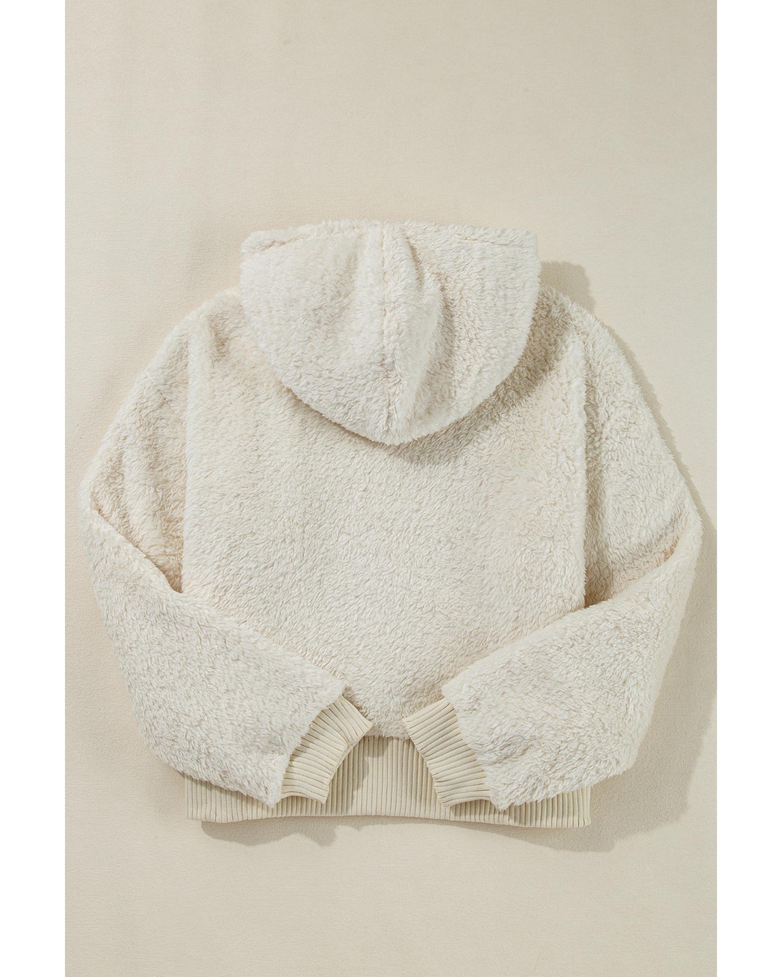 White Contrast Ribbed Edge Plush Hoodie