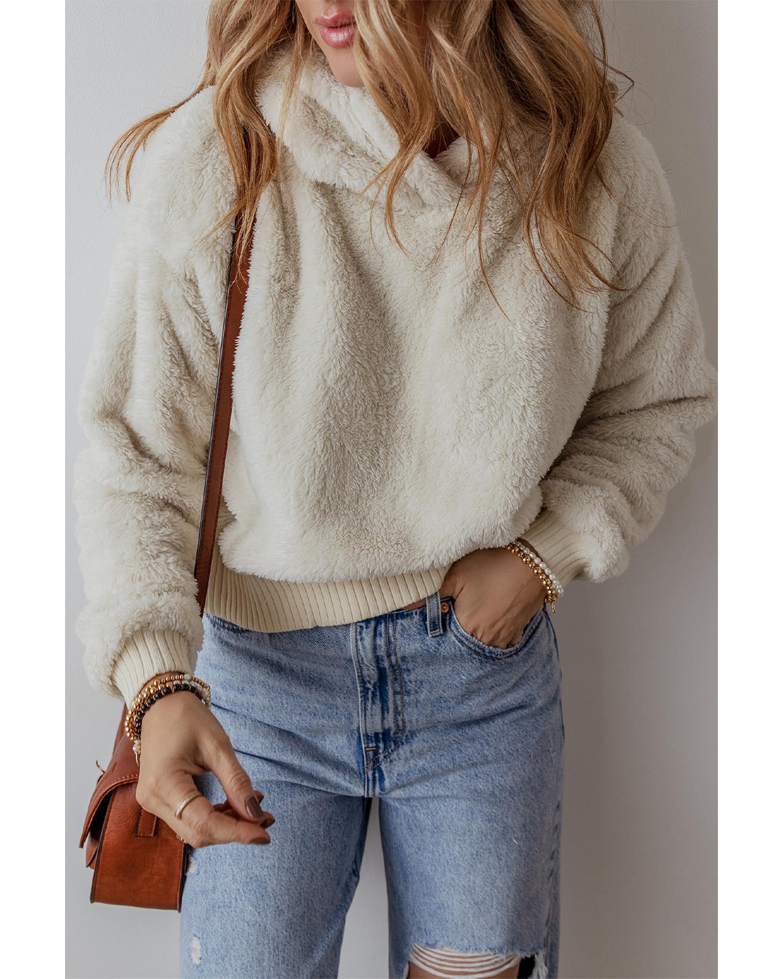 White Contrast Ribbed Edge Plush Hoodie - Image 2