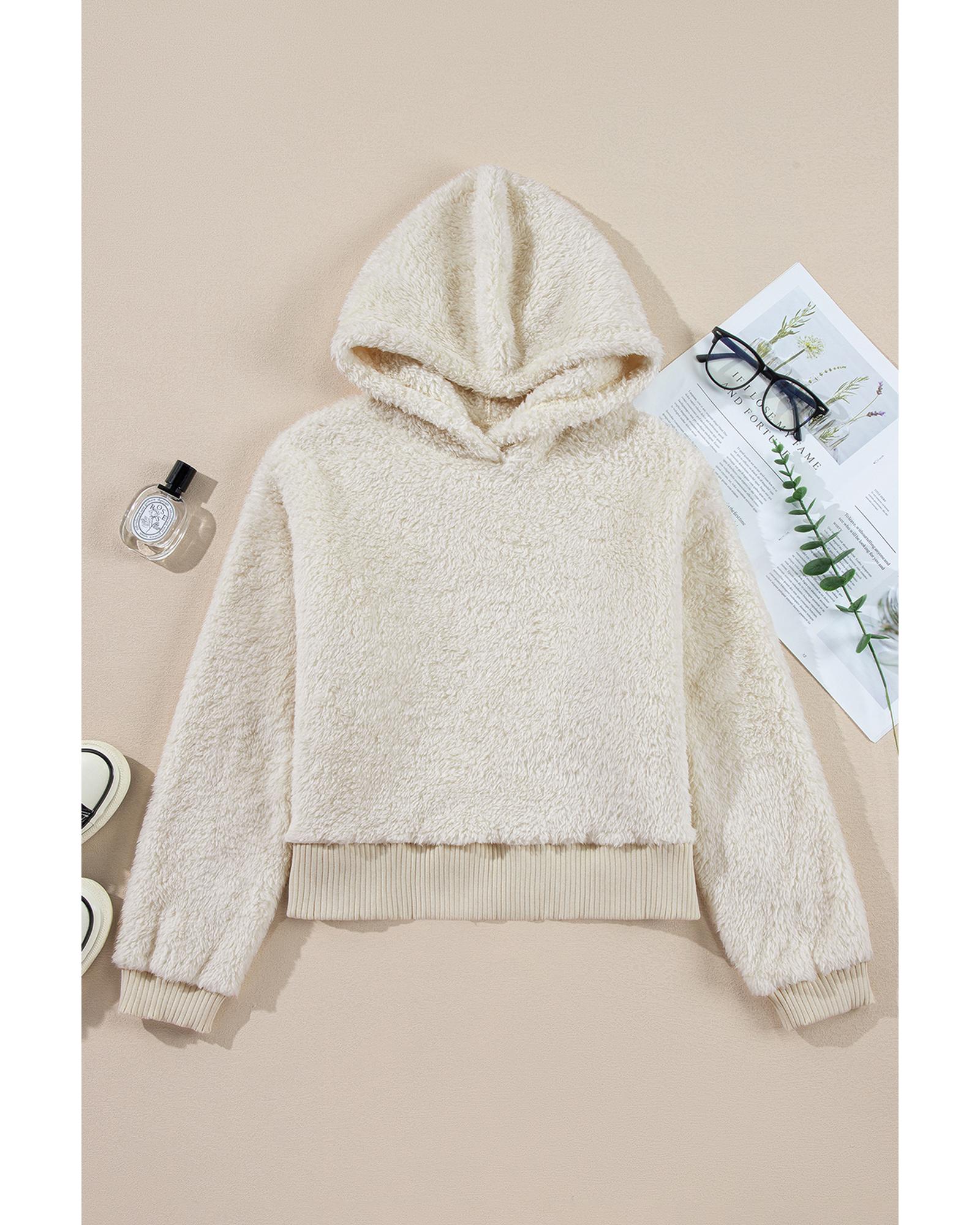 White Contrast Ribbed Edge Plush Hoodie - Image 3