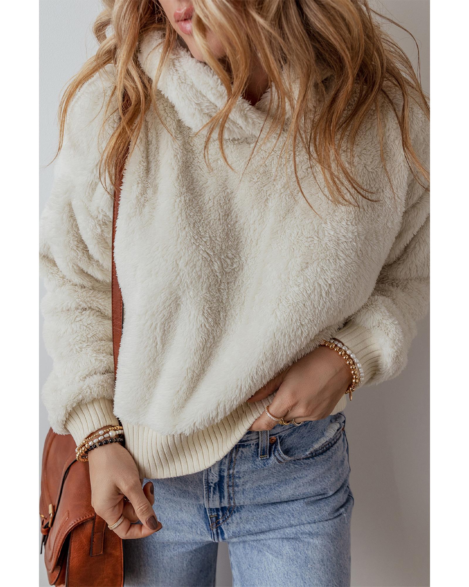 White Contrast Ribbed Edge Plush Hoodie - Image 4