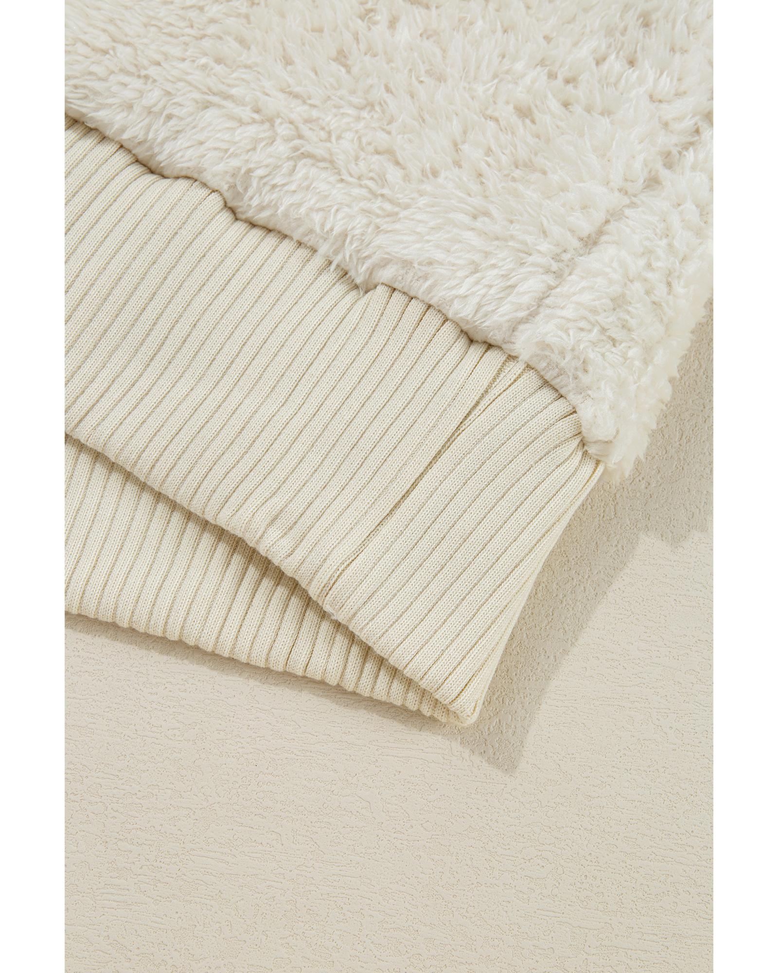 White Contrast Ribbed Edge Plush Hoodie - Image 5
